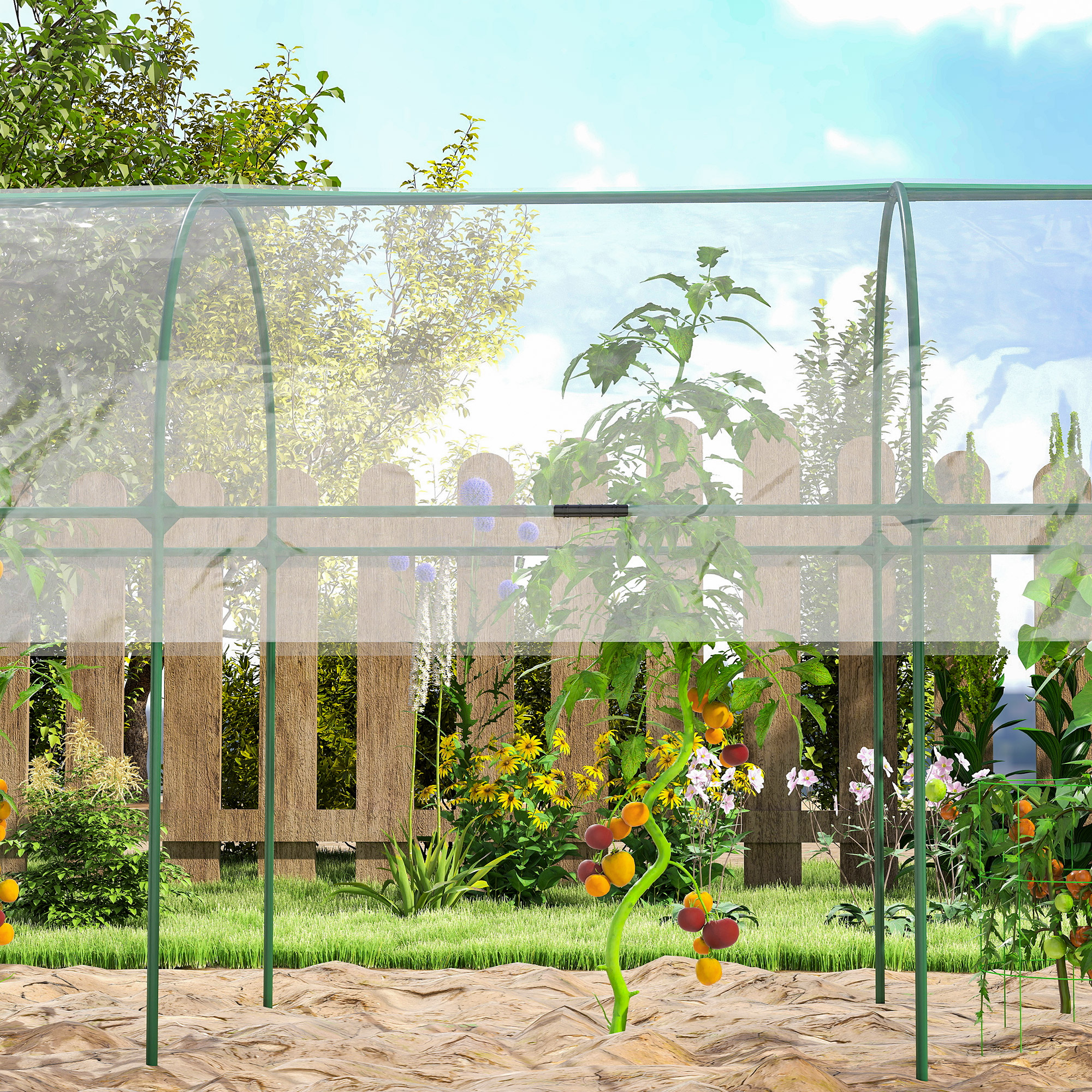 Outsunny Tunnel Tomato Greenhouse with 4 Hoops and Top Tap, Pointed Bottom and Guy Ropes, 400 x 123 x 171 cm, Clear 8