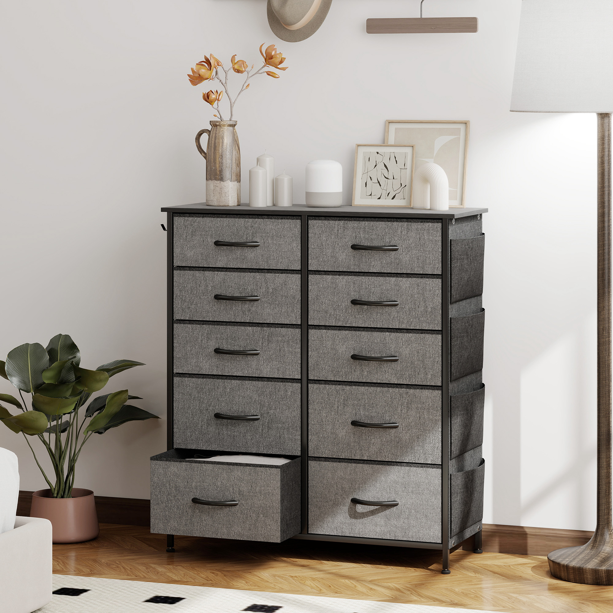 HOMCOM Chest of Ten Fabric Drawers - Charcoal Grey