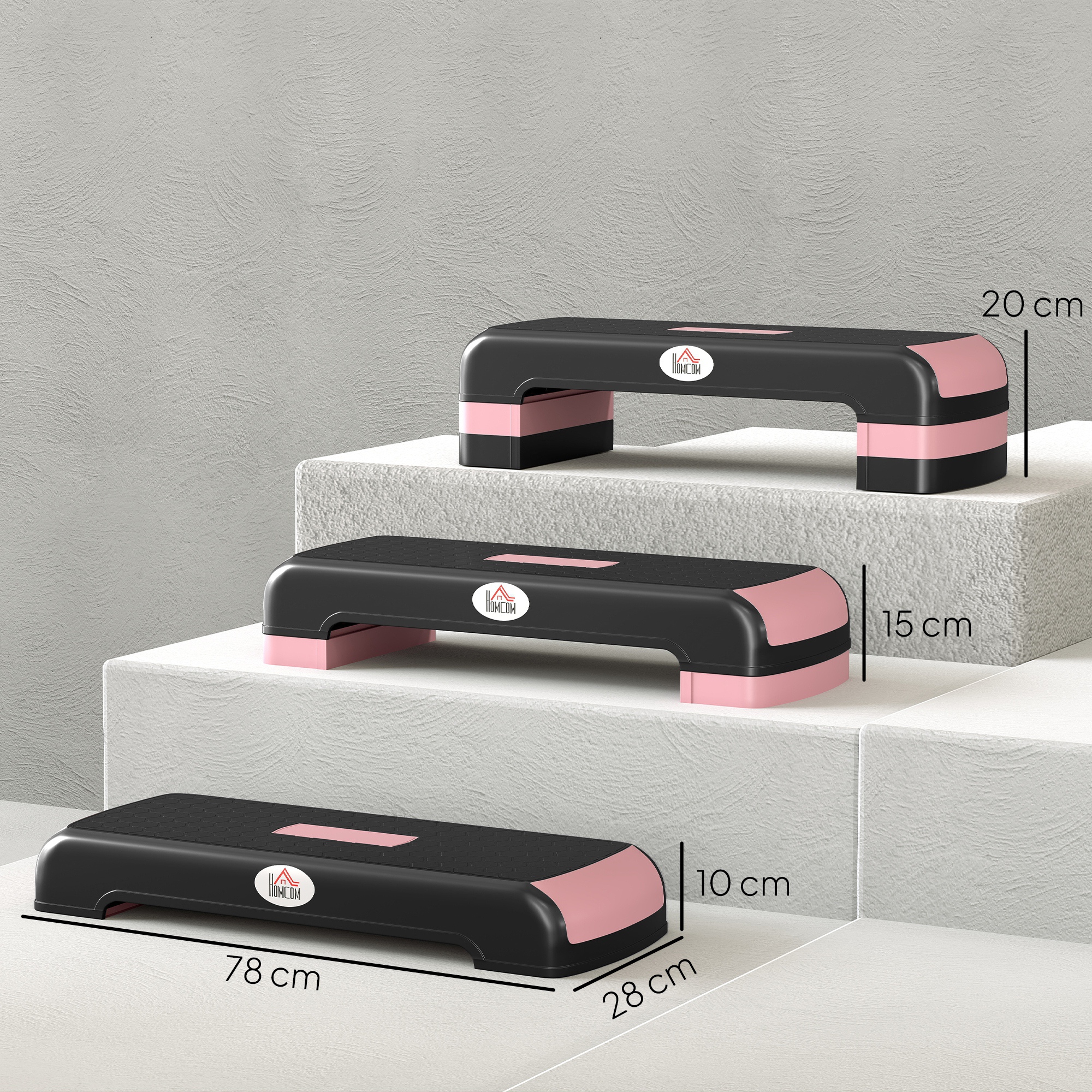 HOMCOM Aerobic Step with 3-Level Adjustable Heights for Home, Office Exercise, Black and Pink 3