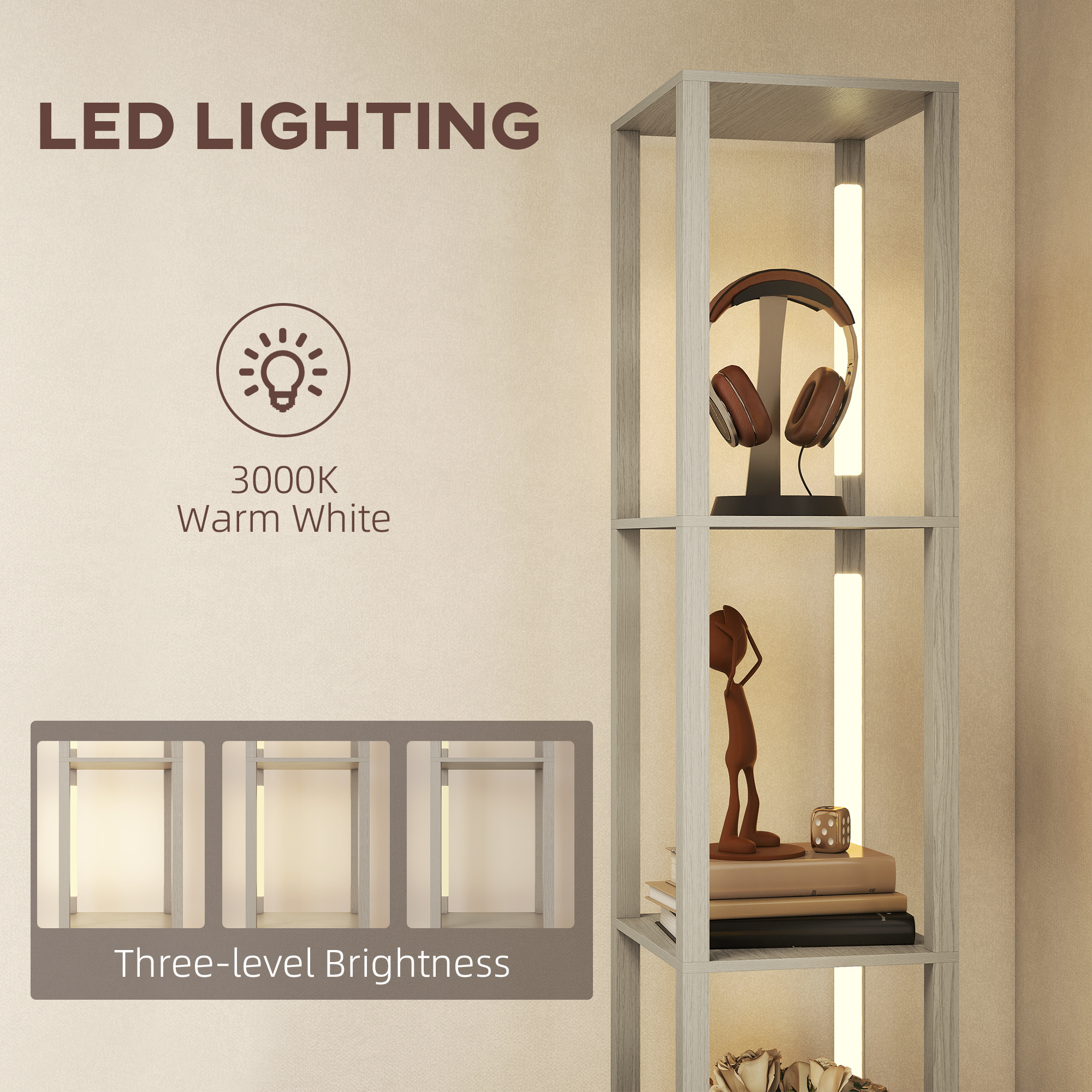 HOMCOM Floor Lamp with Shelves, LED Column Modern Standing Lamp with Fabric Drawer, Adjustable Brightness, Foot Switch for Living Room, Bedroom, Office, Oak 5