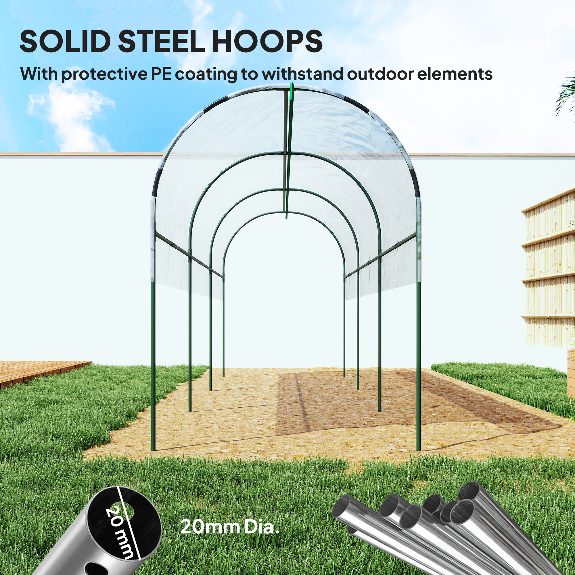Outsunny Tunnel Tomato Greenhouse with 4 Hoops and Top Tap, Pointed Bottom and Guy Ropes, 400 x 123 x 171 cm, Clear 5