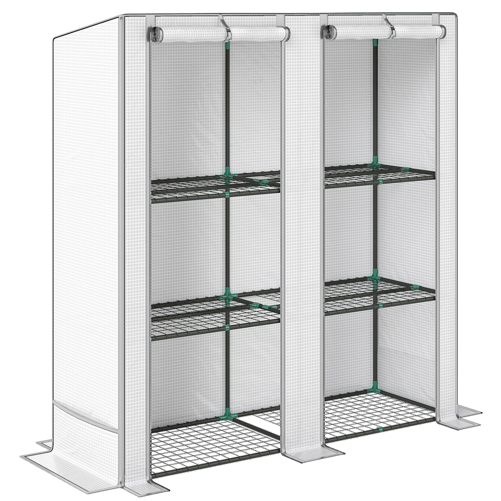 Outsunny Invernadero de Exterior con Techo Inclinado 3 Estantes 2 Puertas Enrollables y Marco de Acero 144x48x152 cm Blanco