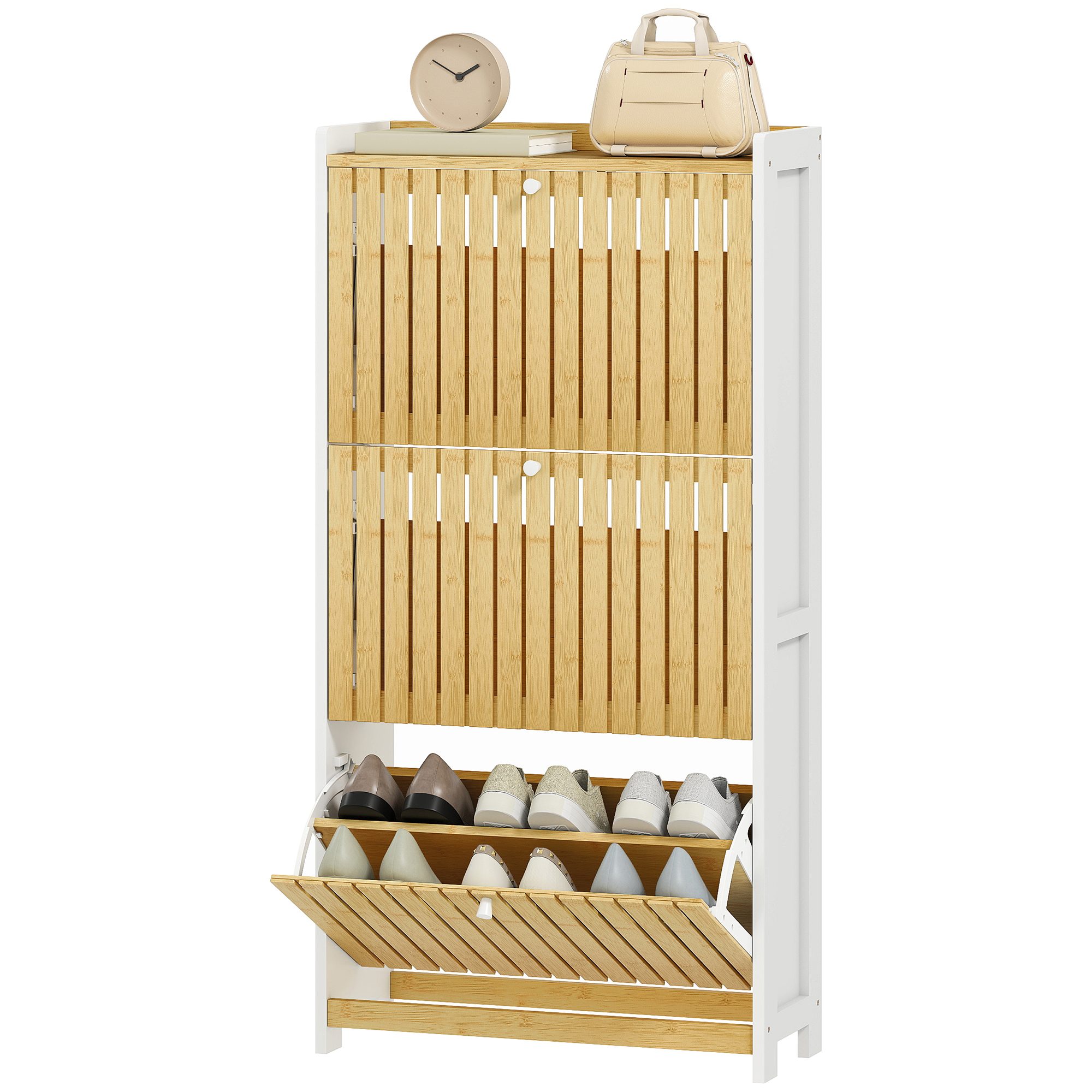 HOMCOM Range-Chaussures Étroit avec 3 Portes en Bambou avec Lattes Étagères Ajustables pour 18 Paires de Chaussures Blanc et Naturel
