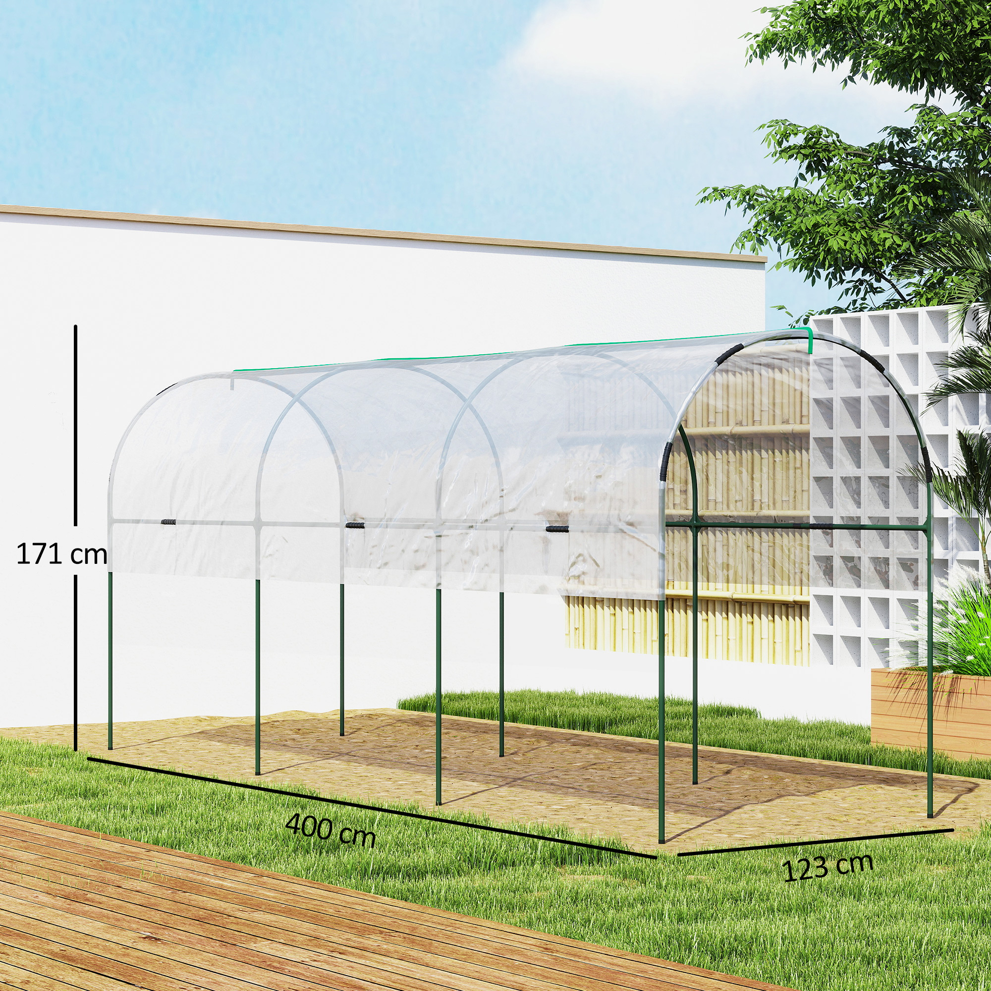 Outsunny Tunnel Tomato Greenhouse with 4 Hoops and Top Tap, Pointed Bottom and Guy Ropes, 400 x 123 x 171 cm, Clear 3
