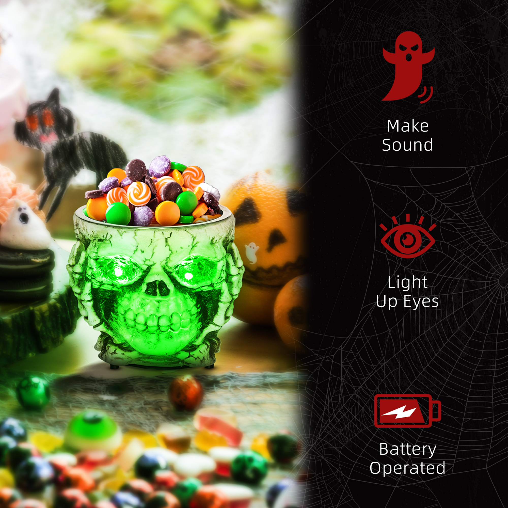 HOMCOM 14cm 5.5" Skeleton Candy Bowl Outdoor Halloween Decoration, Halloween Prop with Sound Activated, Light Up Eyes, Sound Effects for Haunted House 7