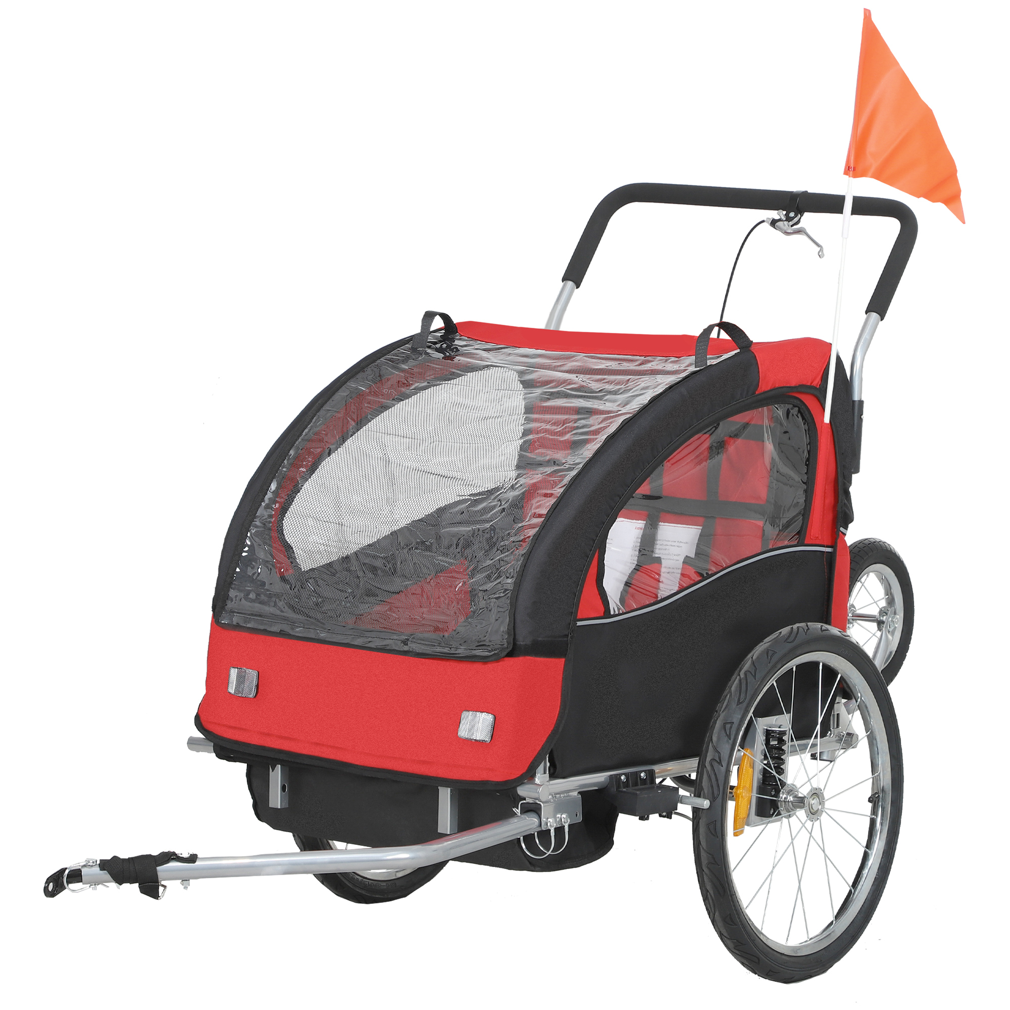 HOMCOM Remorque vélo enfant 2 en 1 avec ceinture de sécurité 5 points, réflecteurs, drapeau et rideau coupe-vent, rouge