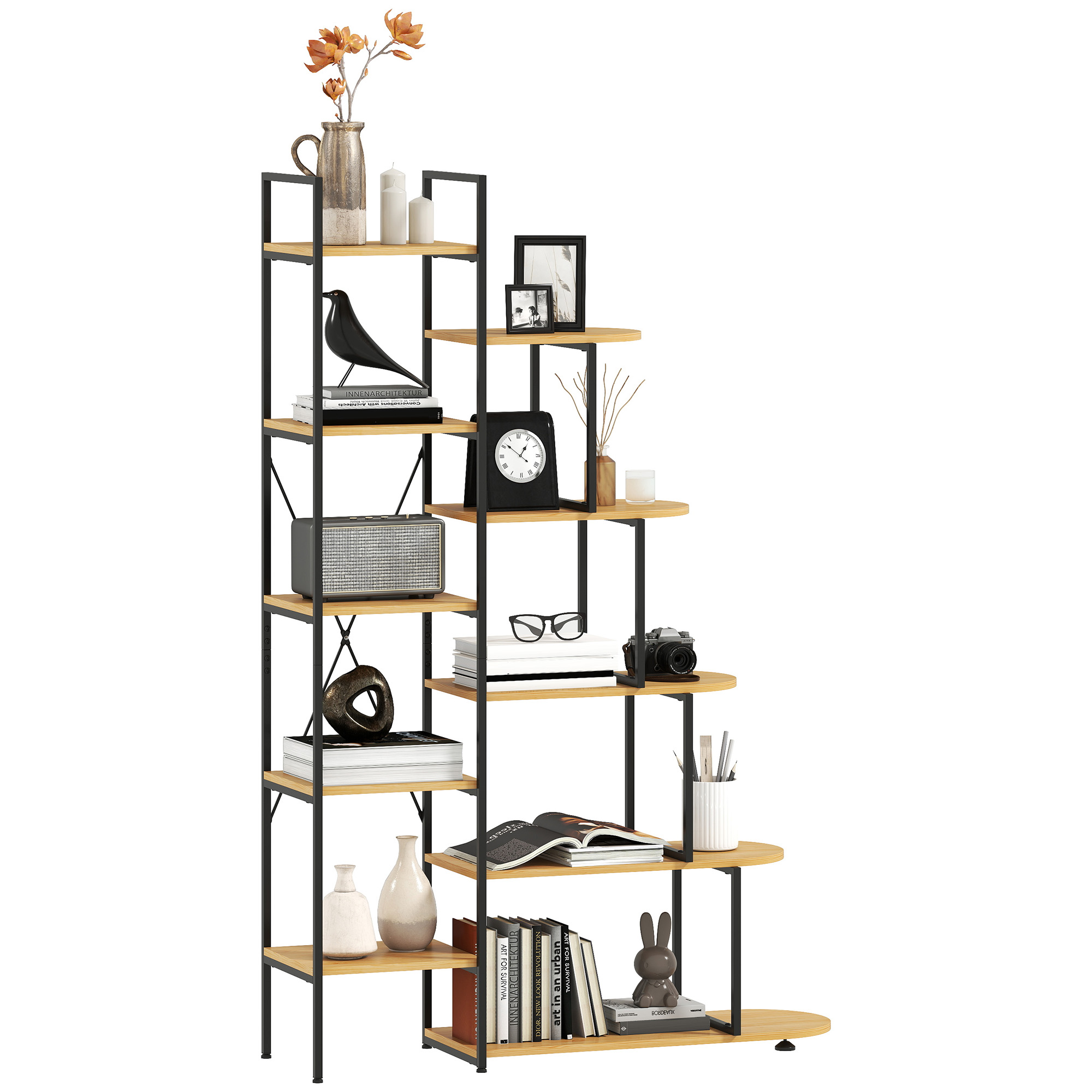 HOMCOM Raft Bibliotecă cu 10 Niveluri, Stil Industrial din PAL și Oțel, 111.5x32x170 cm, Negru și Lemn Natural | Aosom Romania