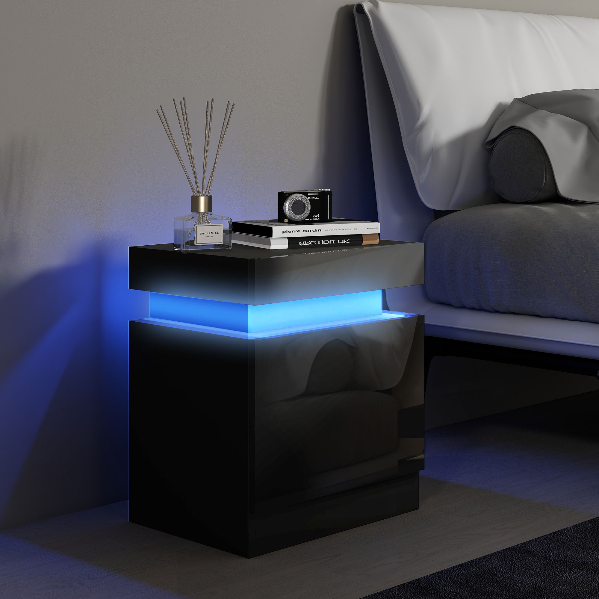 HOMCOM Black Bedside Table with LED Light, High Gloss Front Nightstand with 2 Drawers, for Living Room, Bedroom 2