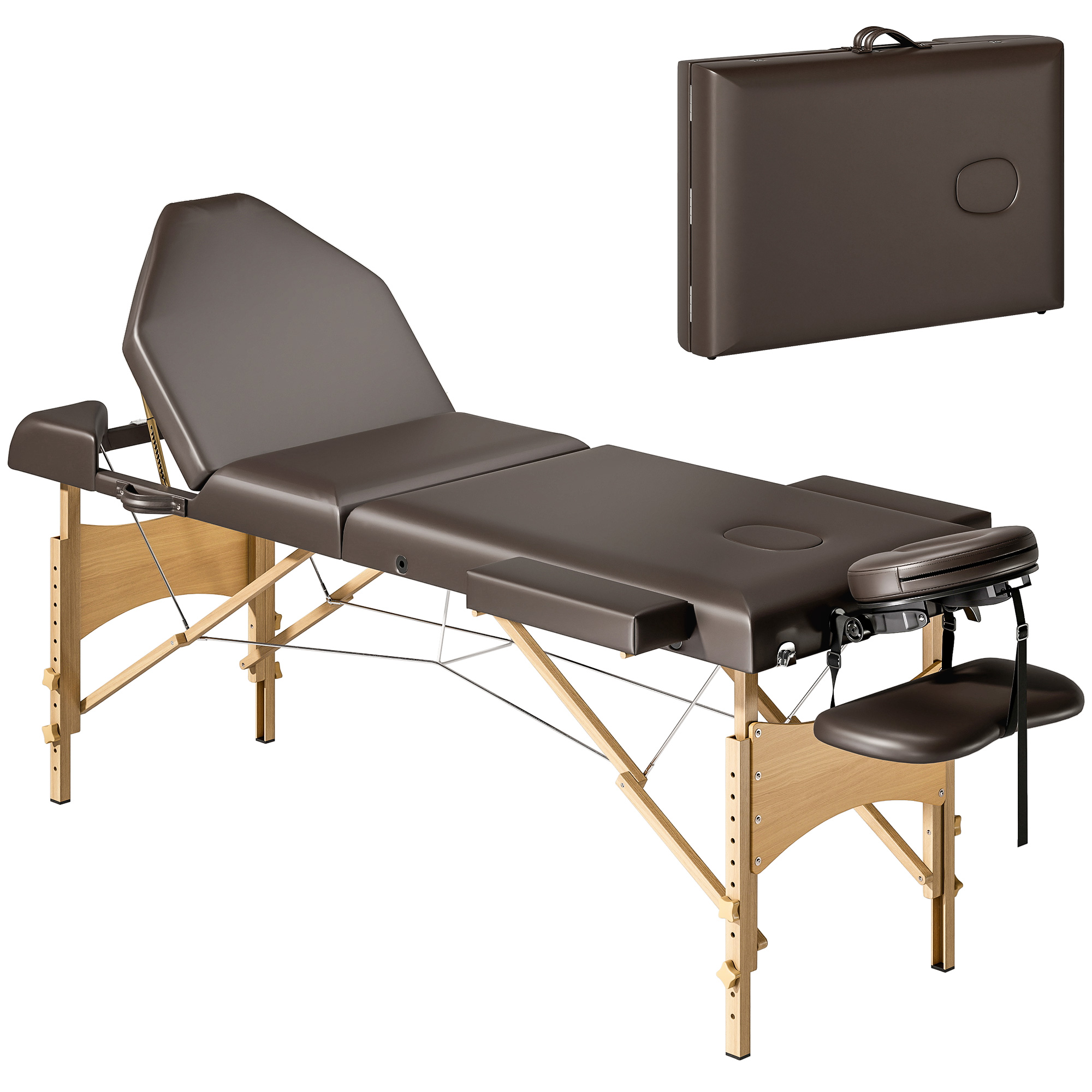 HOMCOM Table de Massage Pliable en Bois 3 Zones avec Hauteur Réglable Appuie-tête Accoudoirs 215x60x64-89 cm Marron