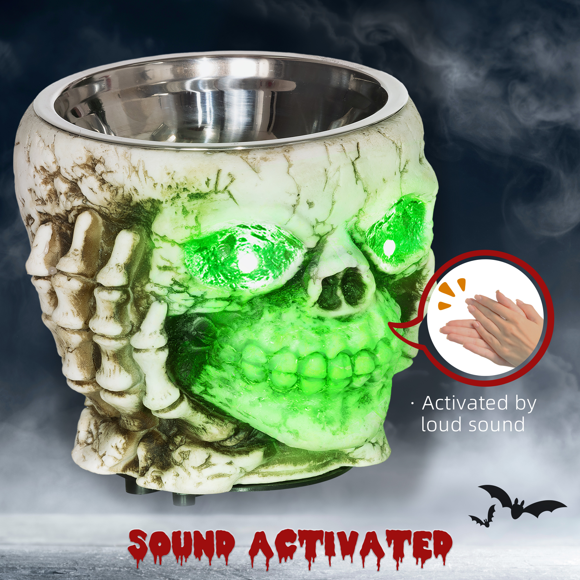 HOMCOM 14cm 5.5" Skeleton Candy Bowl Outdoor Halloween Decoration, Halloween Prop with Sound Activated, Light Up Eyes, Sound Effects for Haunted House 6