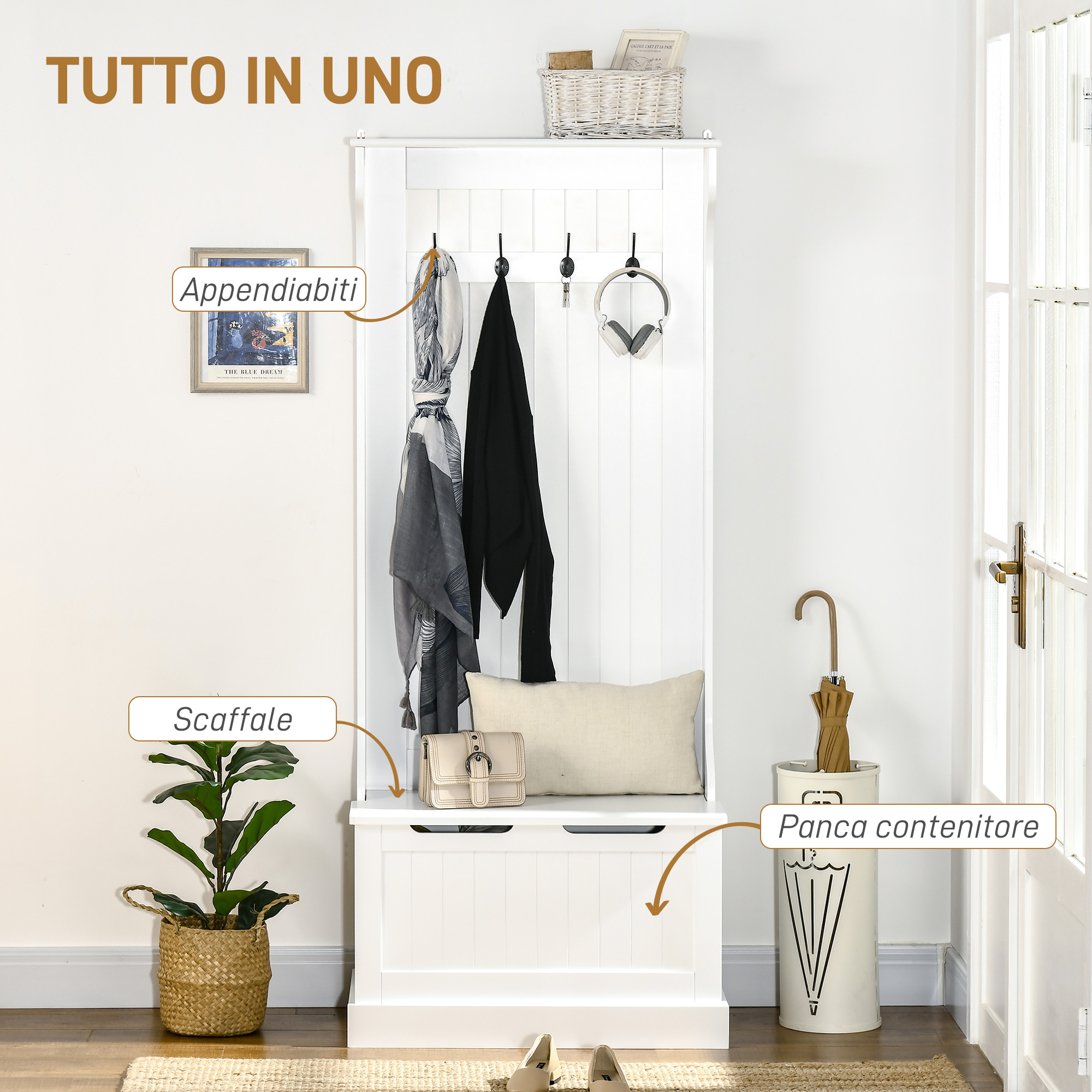 Appendiabiti Da Terra Con Tavolino - 5 Ganci Bambù, MDF E Alluminio, 171cm, Legno E Bianco, Per Ingresso - Foto 7