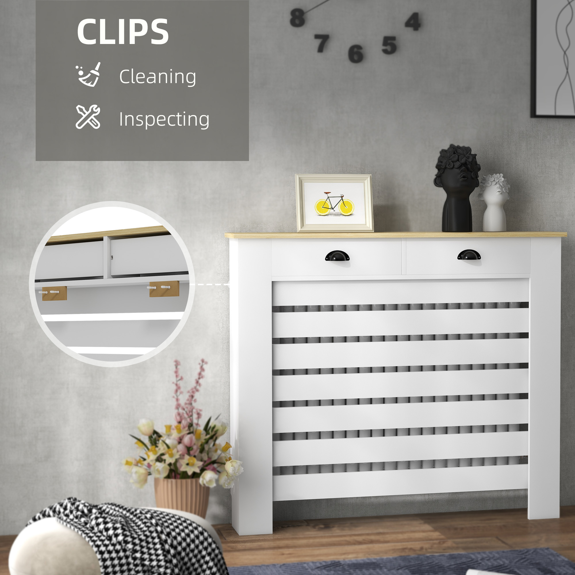 HOMCOM 95.5H x 111Wcm Radiator Cover, with Drawer White 5