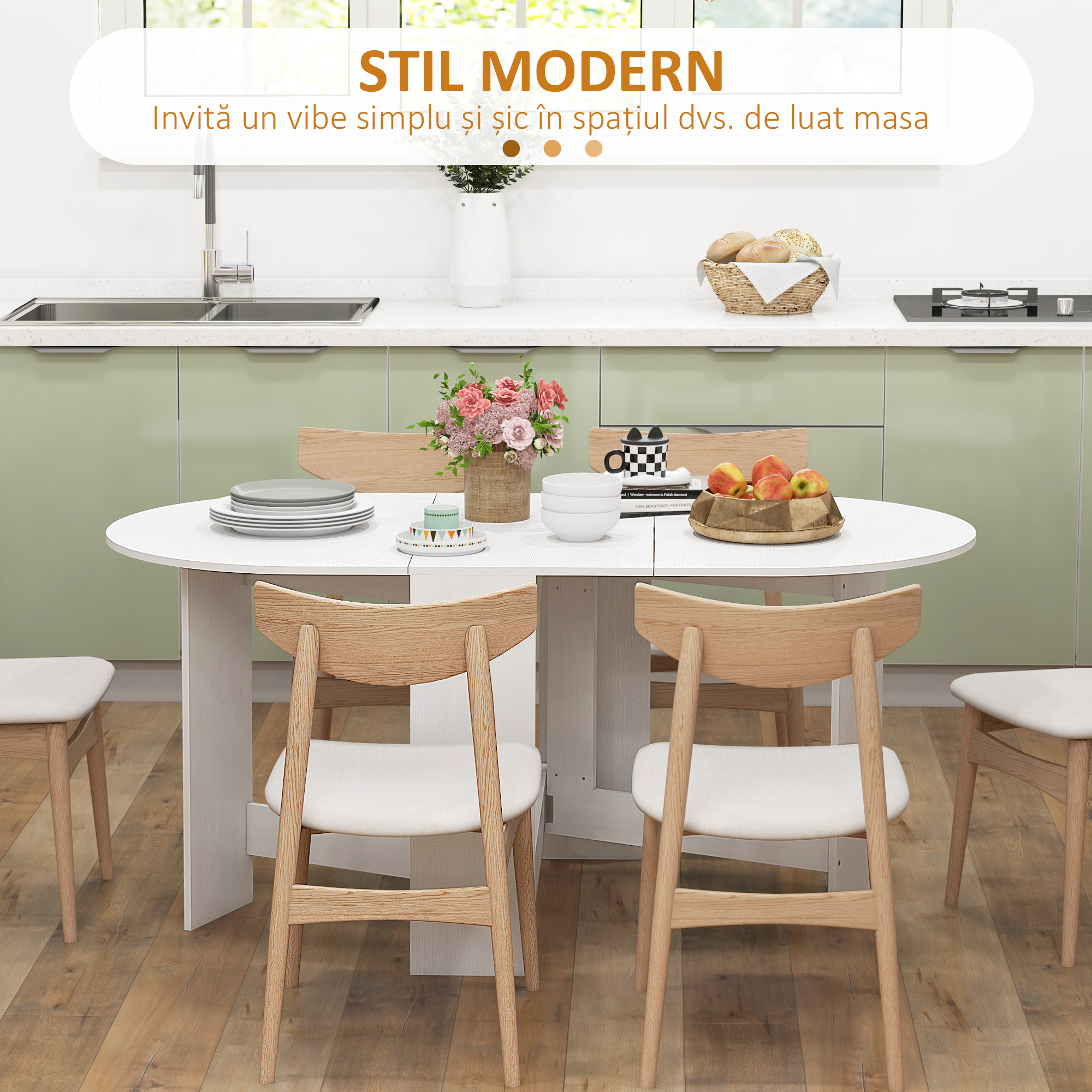  Masa Pliabila pentru 6 Persoane cu 2 Extensii Ovale din Lemn, 163x80x75 cm, Alb [4]