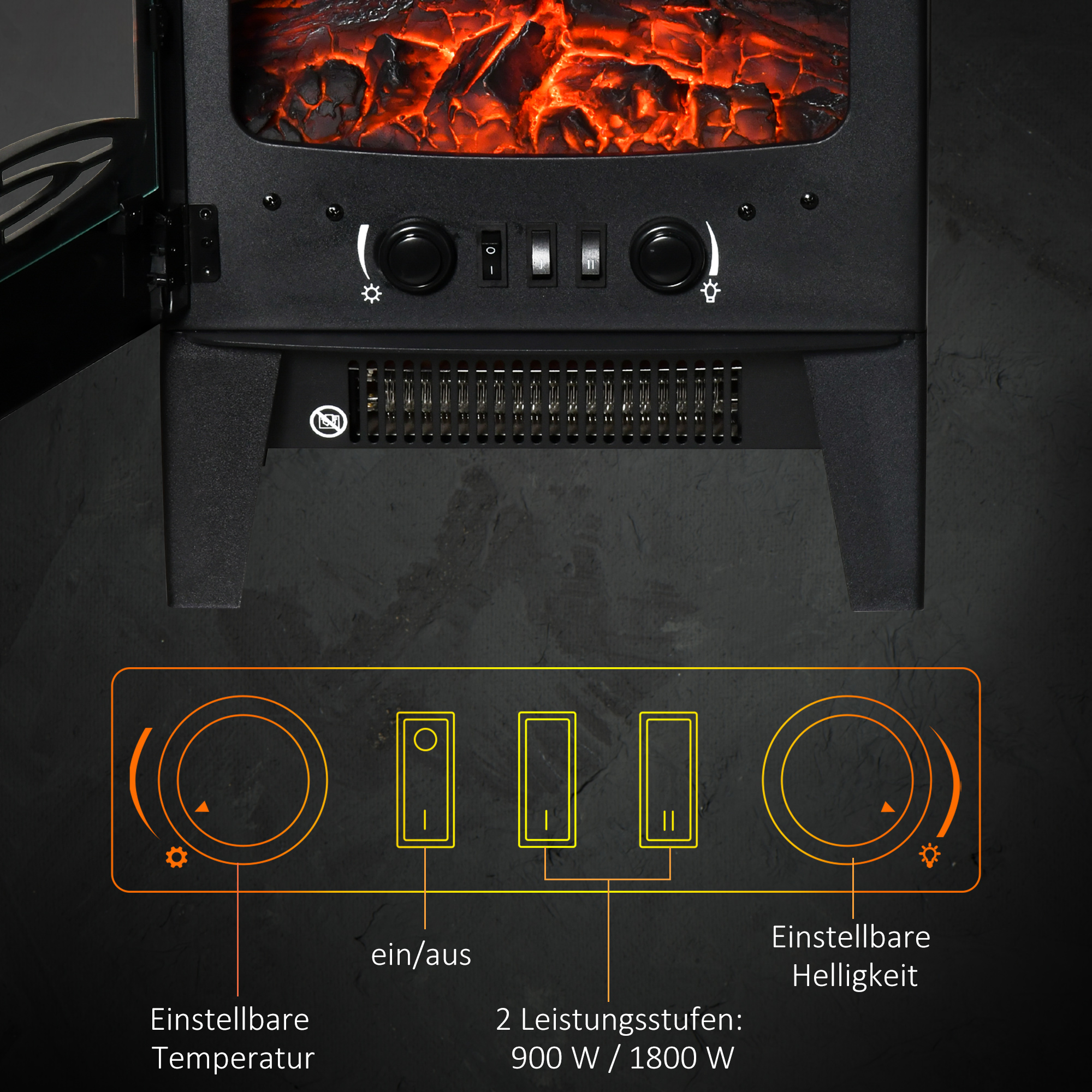 Elektriline kamin küttekehaga, 2000 W elektriline kamin LED-leegiefektiga