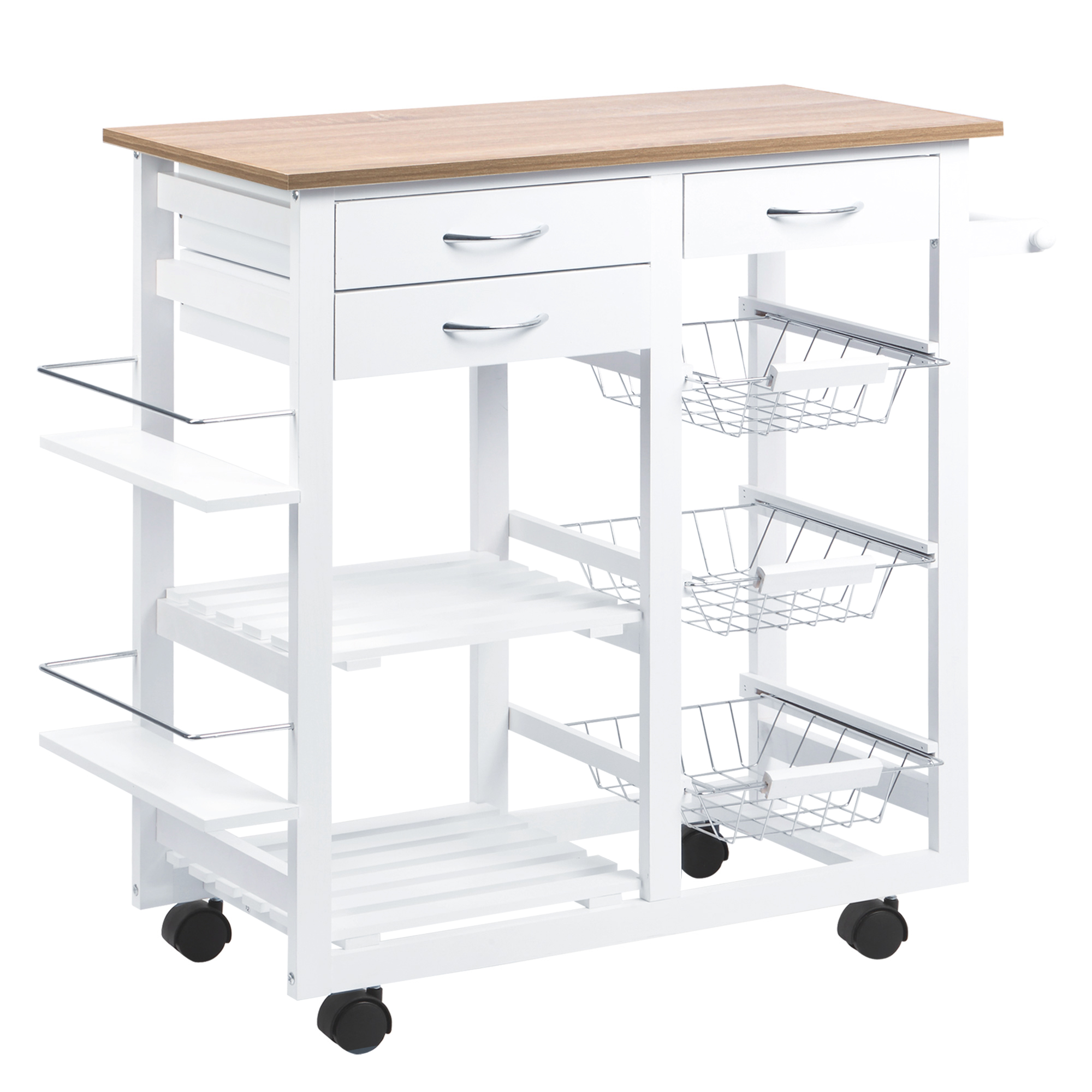 HOMCOM Carrito de Cocina Multifuncional con Cajones Cestas Estantes para Especias Toallero Ruedas 92x37x82 cm Blanco | Aosom España