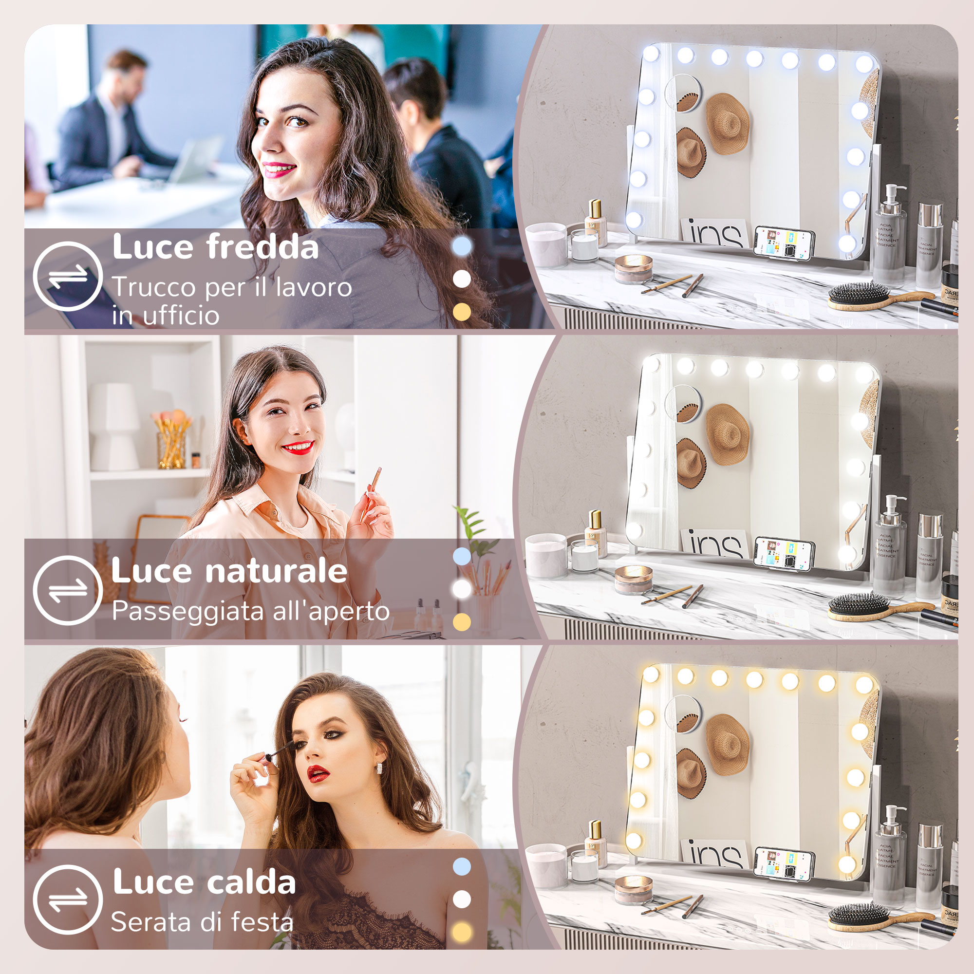 WEILY Specchio Trucco con 72 Luci LED, Touch Screen Tre Colori