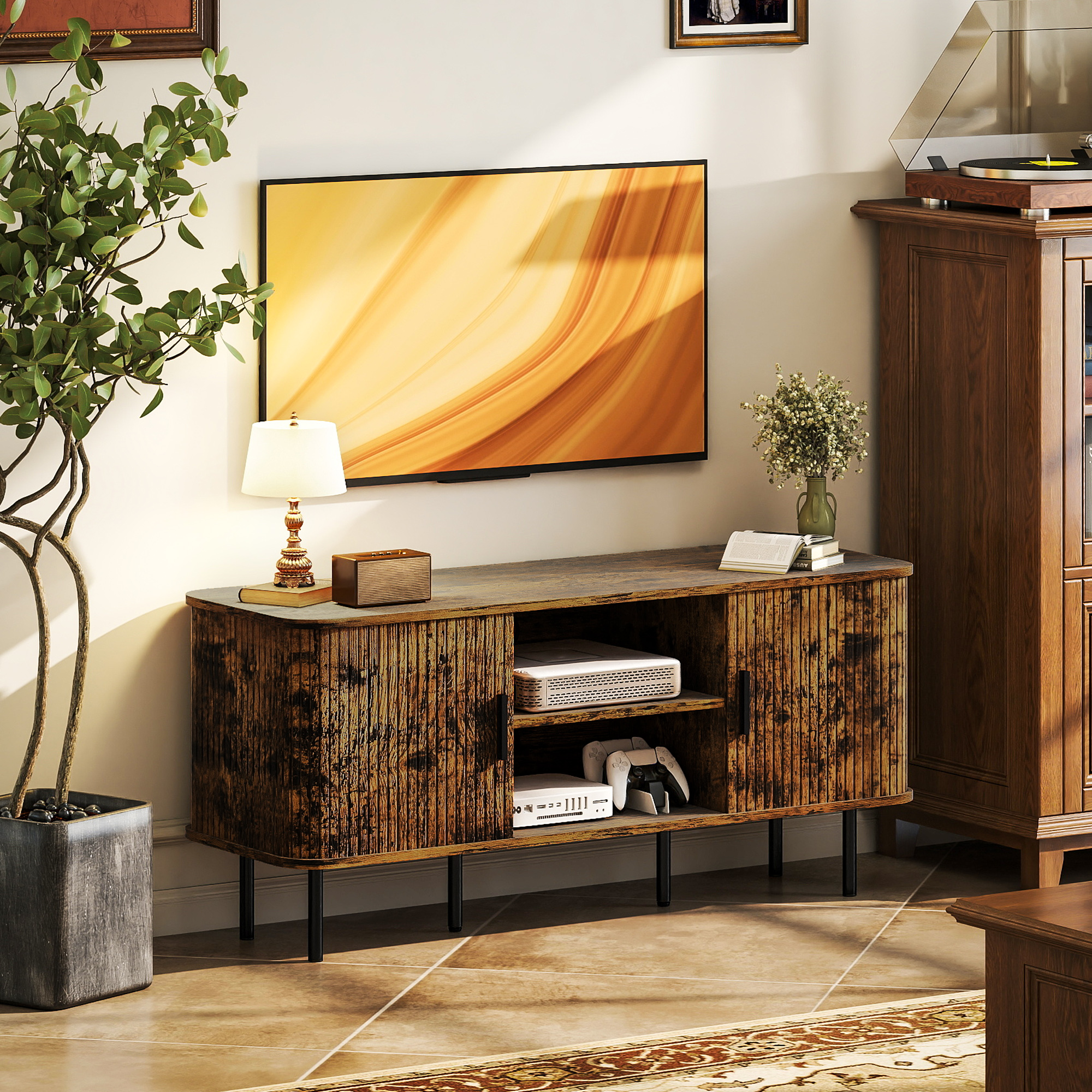 HOMCOM TV Stand Cabinet for TVs up to 55 Inches, TV Unit with Storage Shelves and Cupboard for Living Room, Rustic Brown 2
