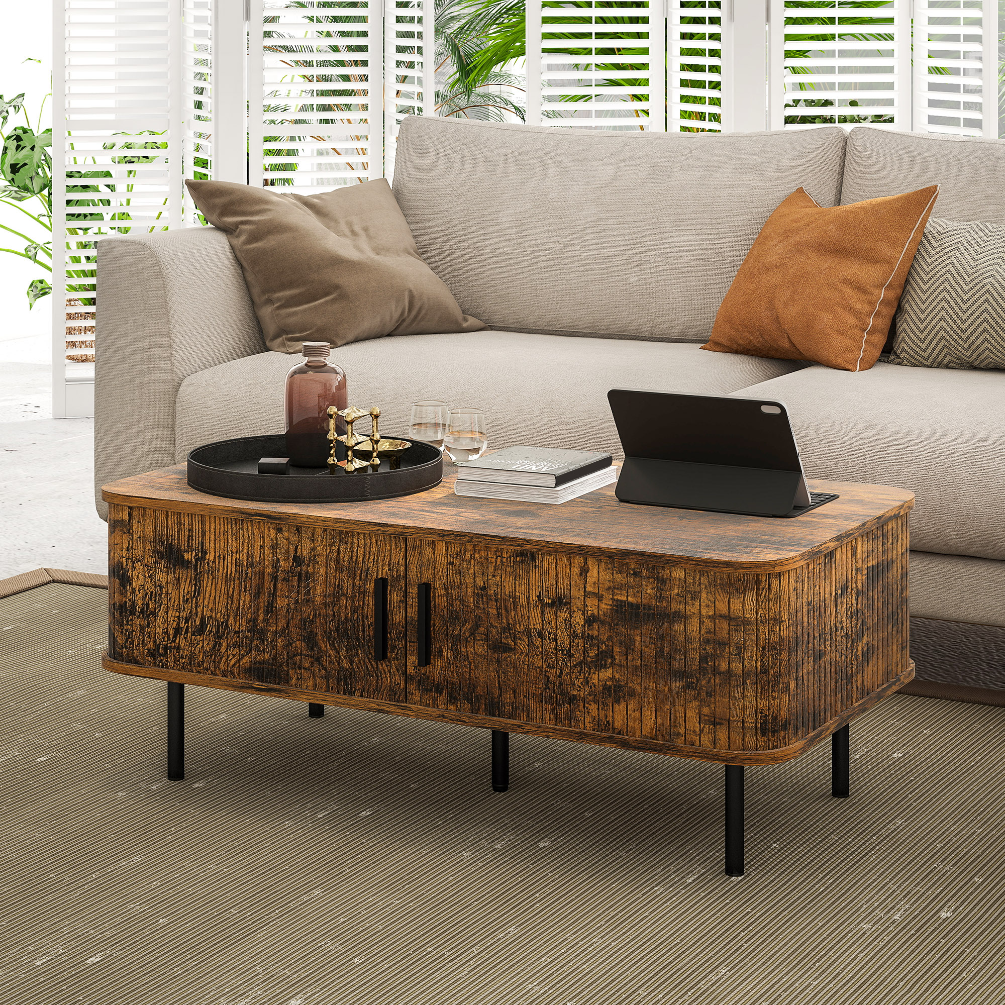 HOMCOM Coffee Table with Storage, Living Room Table with Slatted Tambour Sliding Doors and Foot Pads, Rectangular Coffee Table with Elevated Base for Living Room, Rustic Brown 8