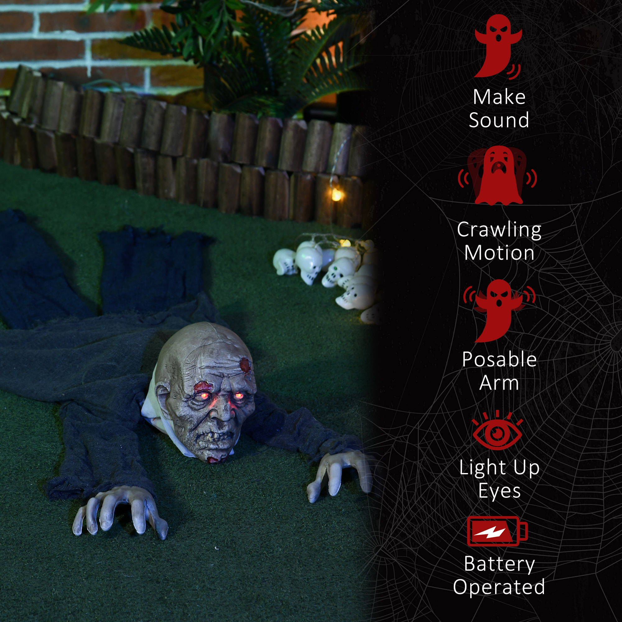 HOMCOM 5.2ft Life Size Outdoor Halloween Decoration Crawling Zombie, Animated Prop Decor with Sound and Motion Activated, Light Up Eyes, Howling Sound, Posable Arms 7
