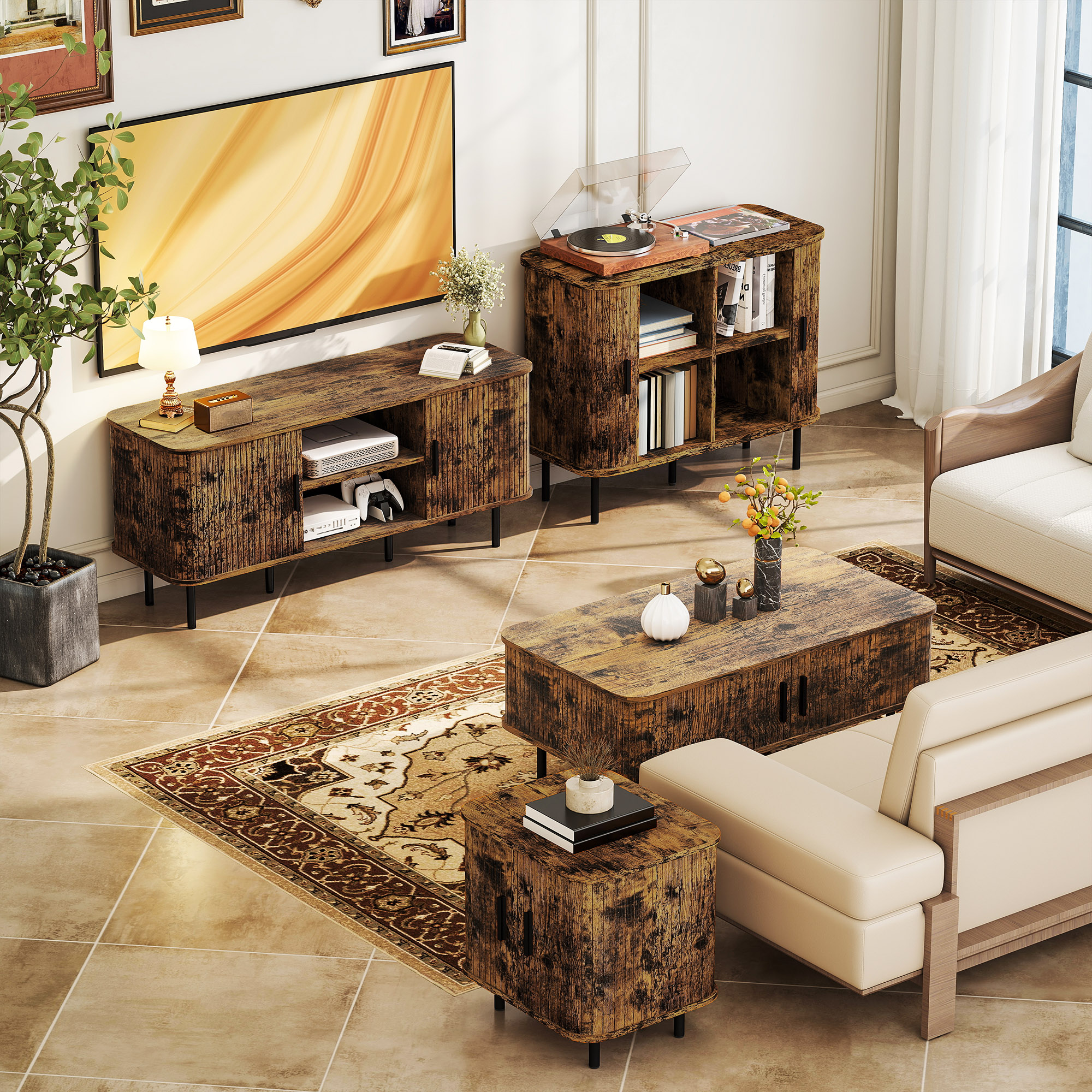 HOMCOM Coffee Table with Storage, Living Room Table with Slatted Tambour Sliding Doors and Foot Pads, Rectangular Coffee Table with Elevated Base for Living Room, Rustic Brown 9