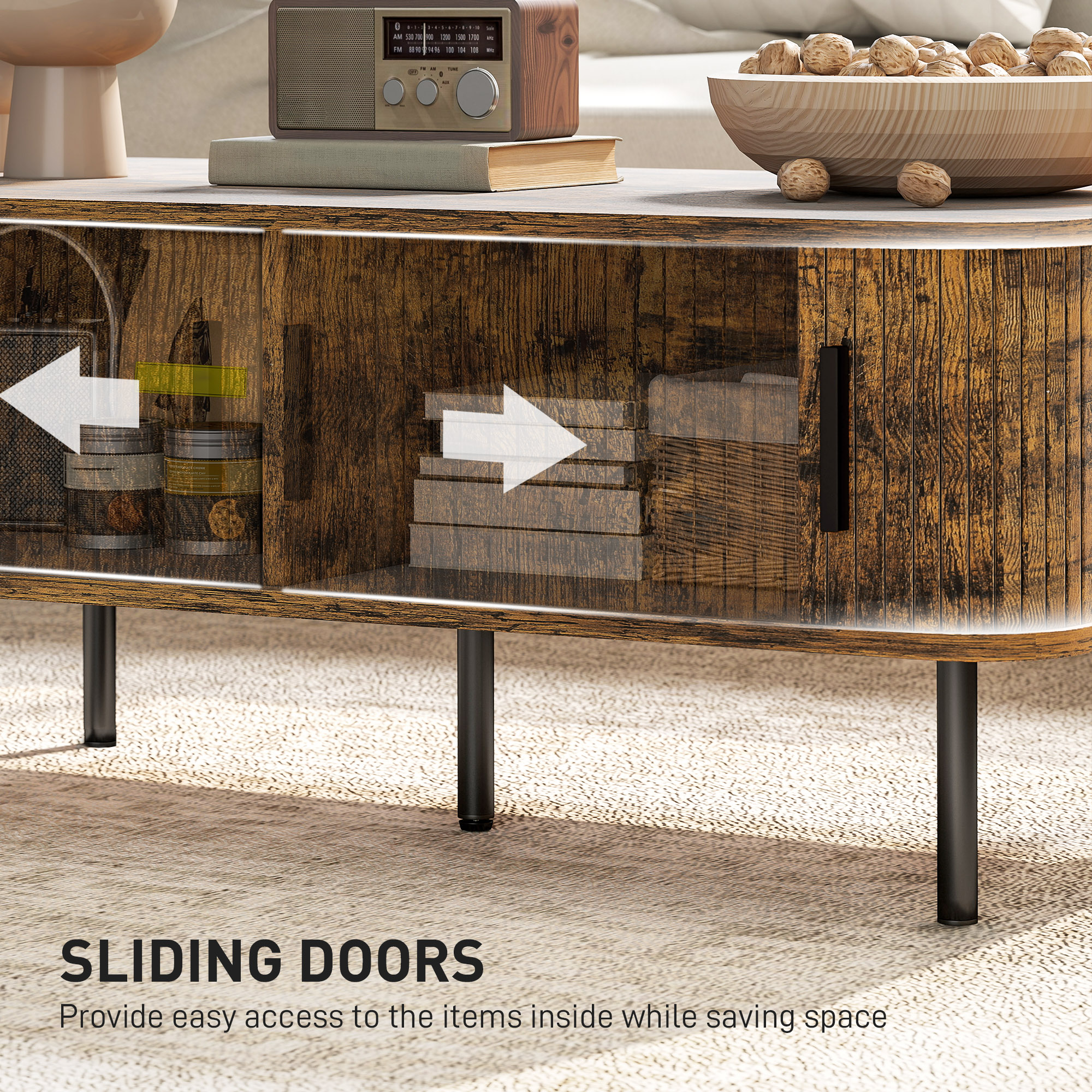 HOMCOM Coffee Table with Storage, Living Room Table with Slatted Tambour Sliding Doors and Foot Pads, Rectangular Coffee Table with Elevated Base for Living Room, Rustic Brown 5