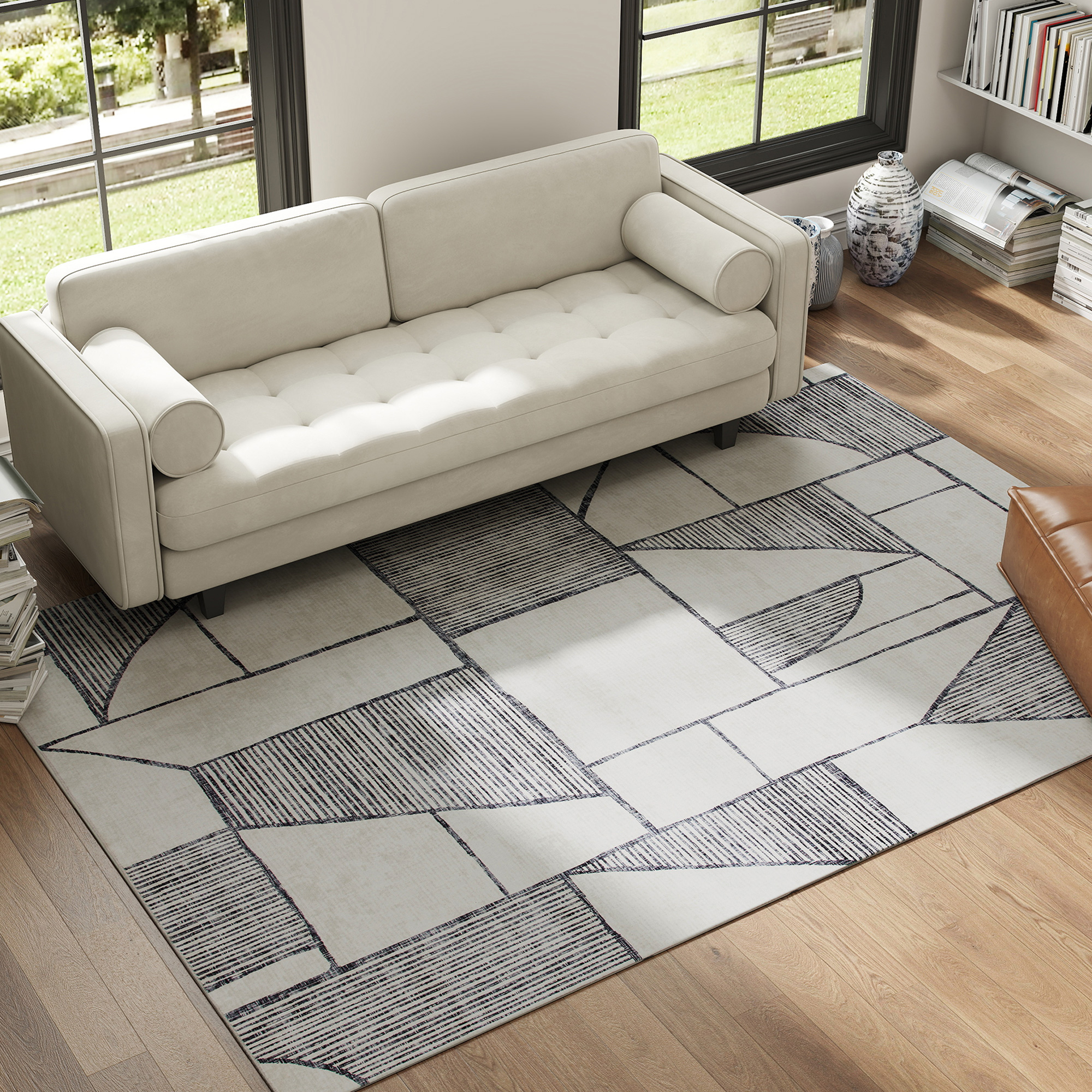 HOMCOM Rutschfester Moderner Teppich mit Geometrischen Linien, Polyester Wo günstig online kaufen