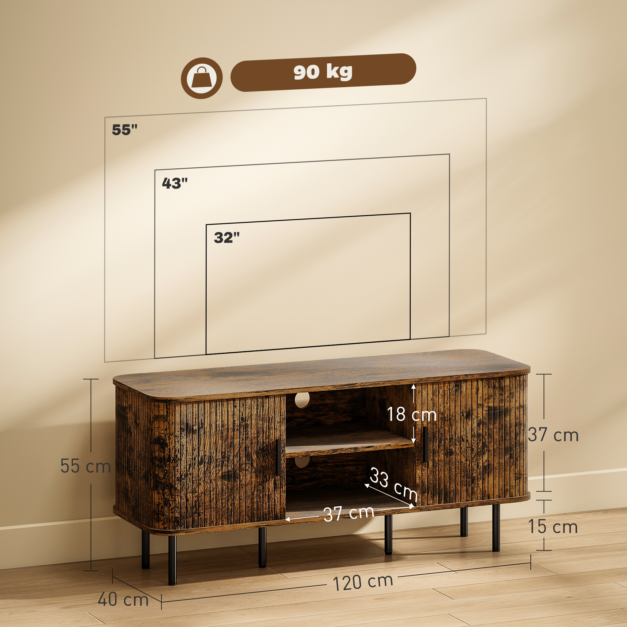 HOMCOM TV Stand Cabinet for TVs up to 55 Inches, TV Unit with Storage Shelves and Cupboard for Living Room, Rustic Brown 3