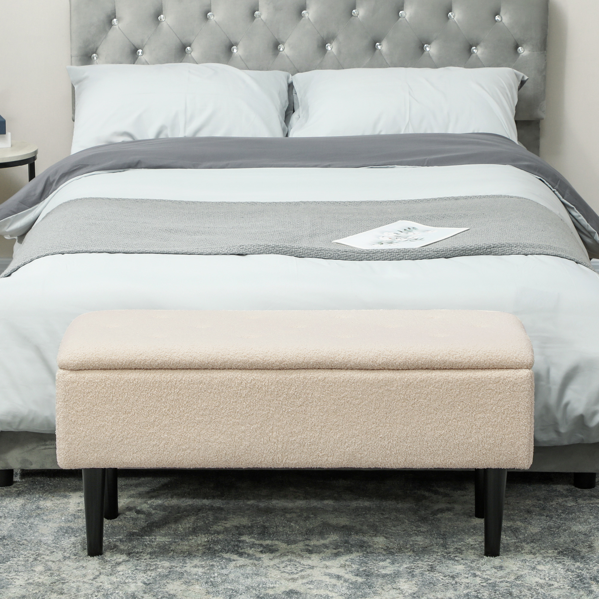 HOMCOM 57L Teddy Fleece Storage Ottoman Cream 8