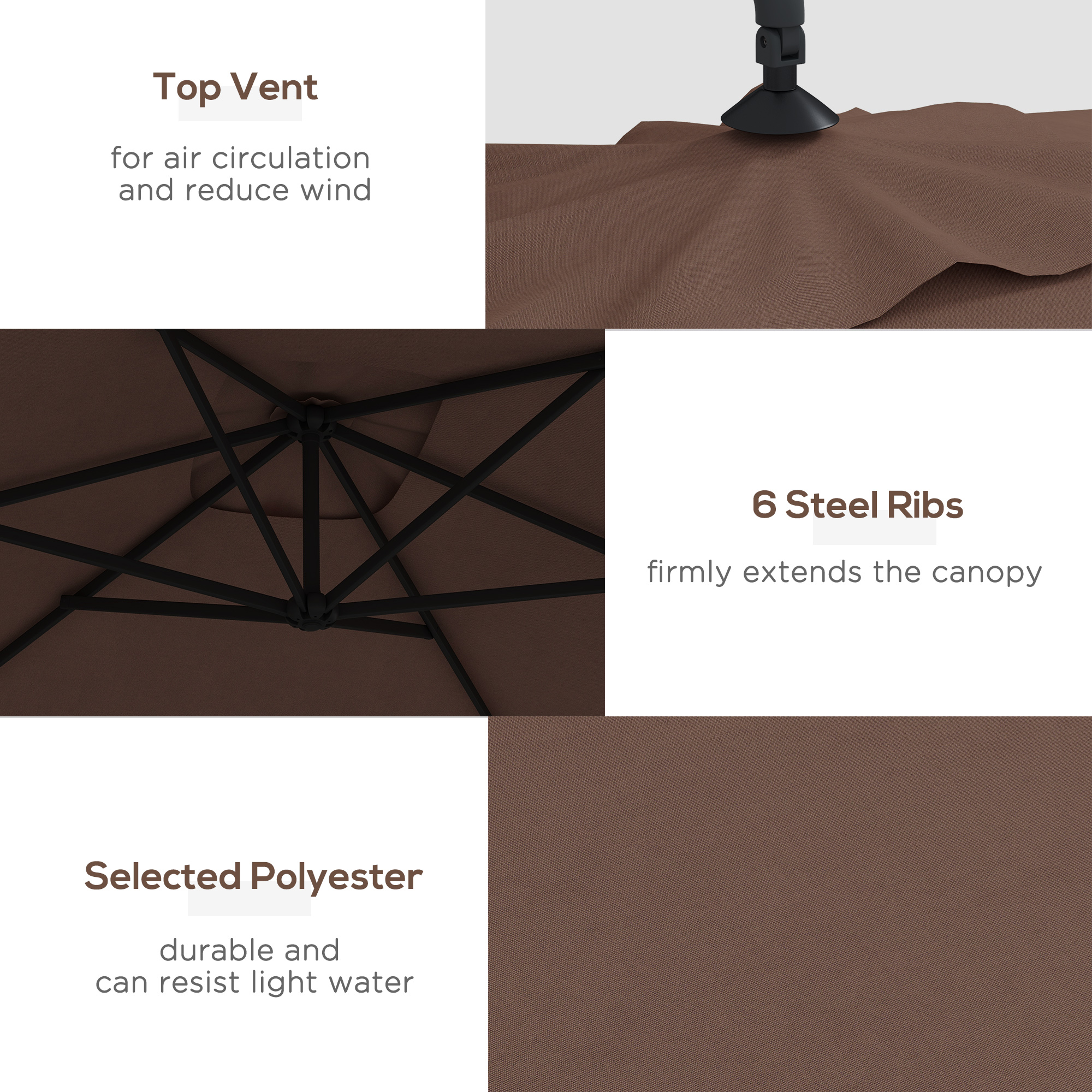 Outsunny 3m Square Canopy Cantilever Parasol, with Cross Base Brown 5