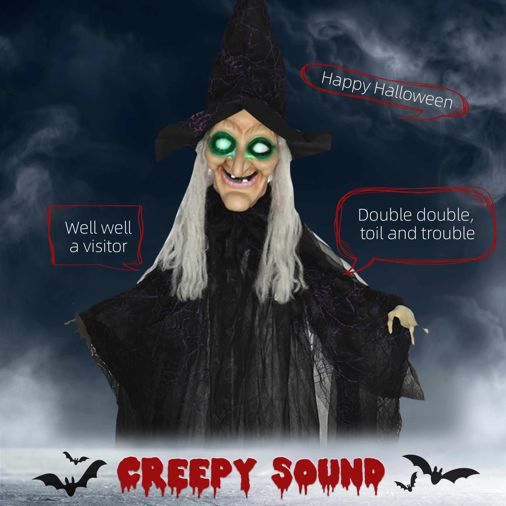 HOMCOM 6ft Outdoor Halloween Decoration Witch, Hanging Witch Prop Life Size with Sound and Motion Activated, Light Up Eyes, Talking Sound, Posable Arms 4