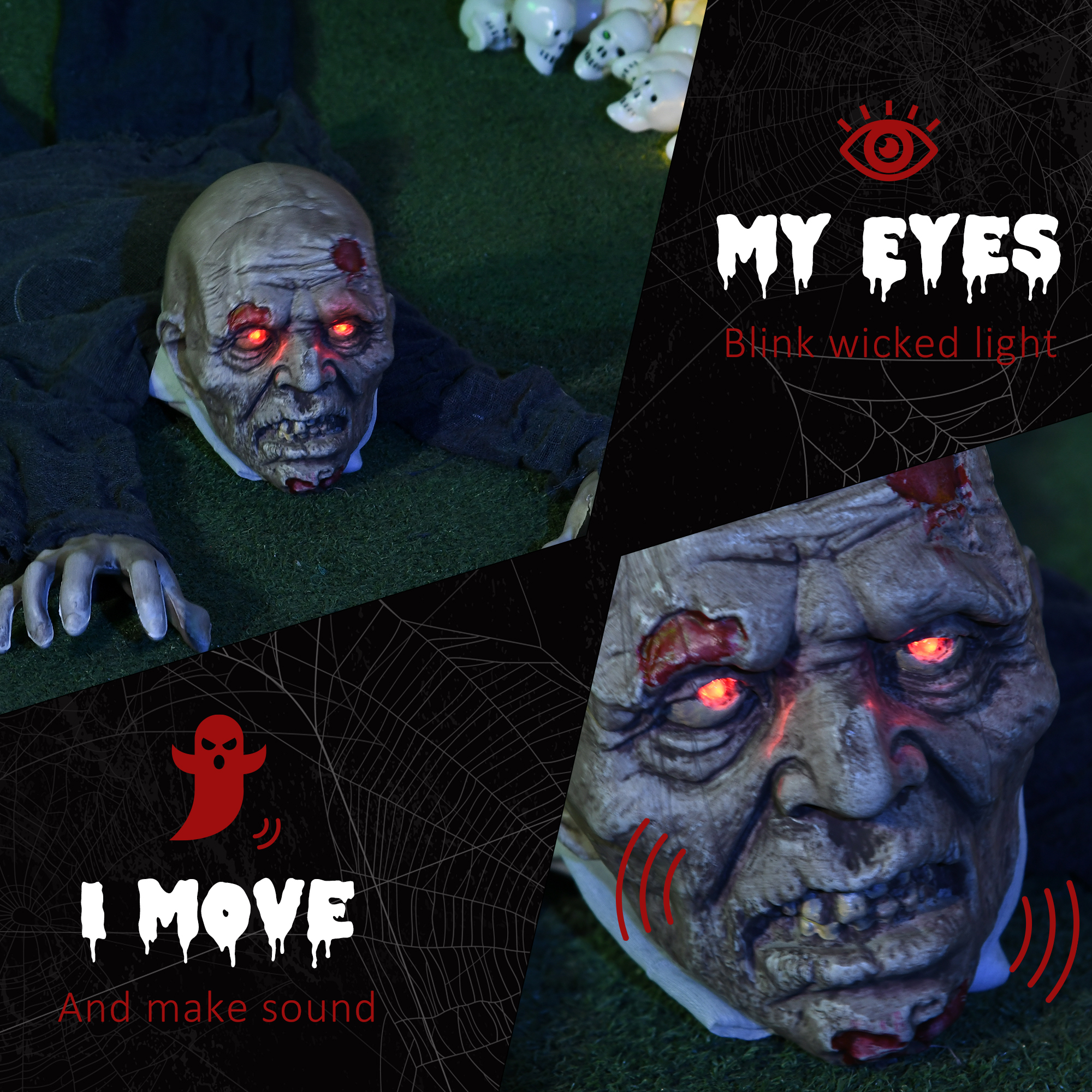 HOMCOM 5.2ft Life Size Outdoor Halloween Decoration Crawling Zombie, Animated Prop Decor with Sound and Motion Activated, Light Up Eyes, Howling Sound, Posable Arms 5