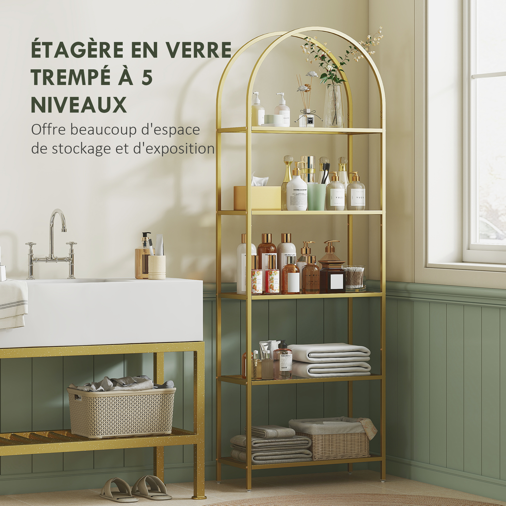 Meuble Rangement Chambre Bibliothèque Étagère 5 Niveaux HOMCOM Verre Et Cadre Doré Arqué - 60x30x175 Cm Salon Bureau