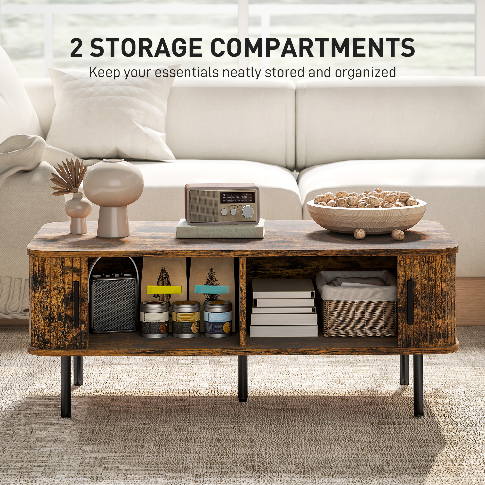 HOMCOM Coffee Table with Storage, Living Room Table with Slatted Tambour Sliding Doors and Foot Pads, Rectangular Coffee Table with Elevated Base for Living Room, Rustic Brown 6
