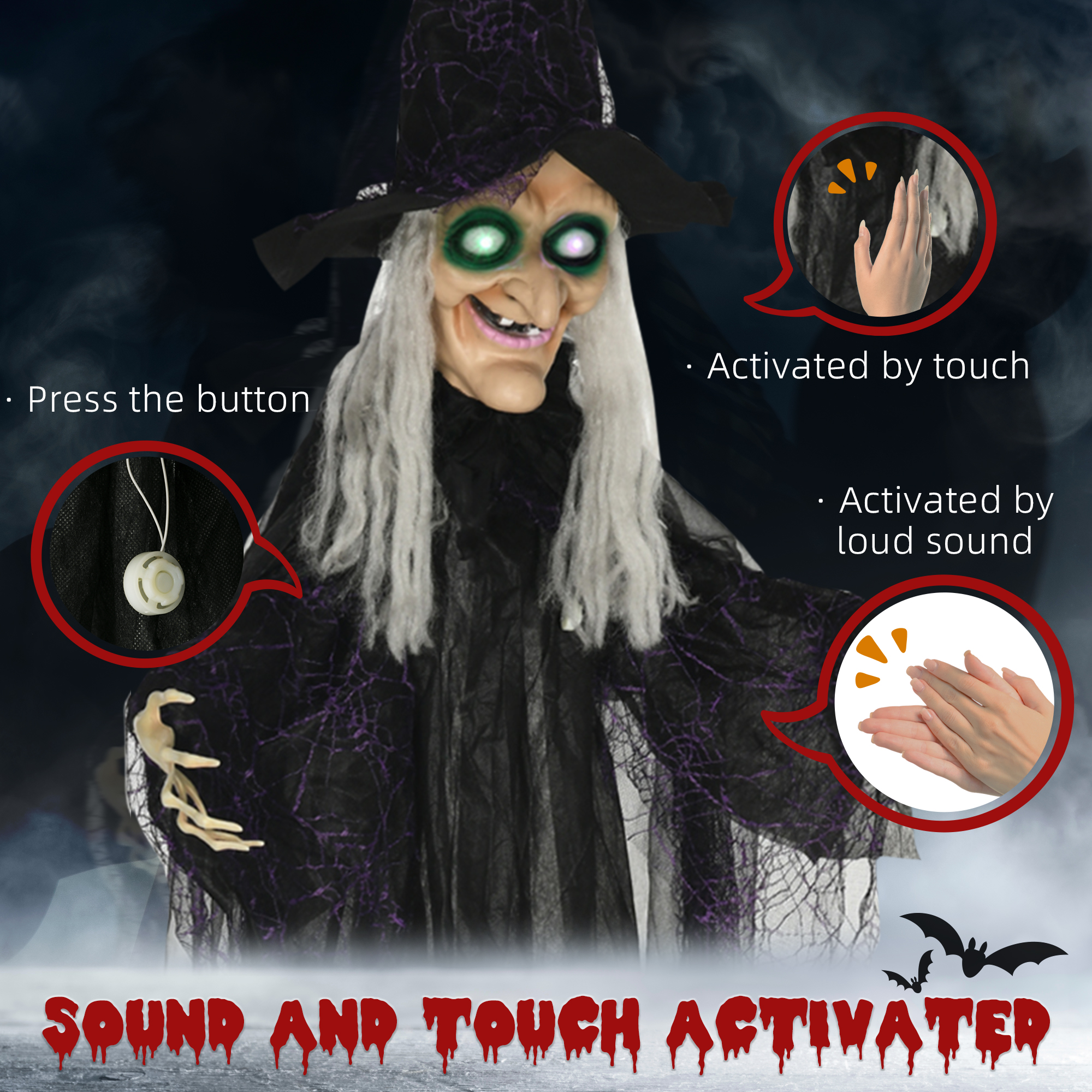 HOMCOM 6ft Outdoor Halloween Decoration Witch, Hanging Witch Prop Life Size with Sound and Motion Activated, Light Up Eyes, Talking Sound, Posable Arms 6