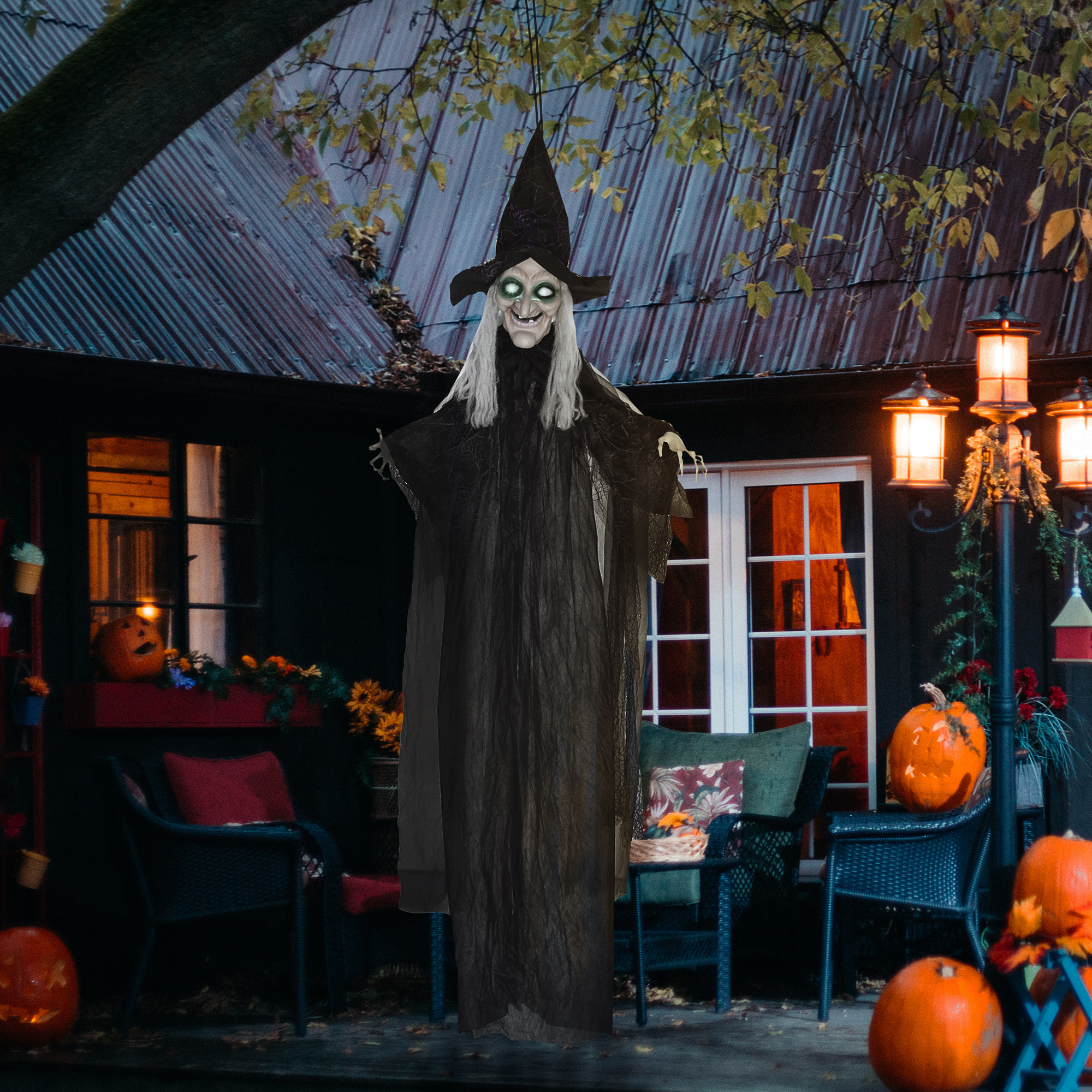 HOMCOM 6ft Outdoor Halloween Decoration Witch, Hanging Witch Prop Life Size with Sound and Motion Activated, Light Up Eyes, Talking Sound, Posable Arms 2