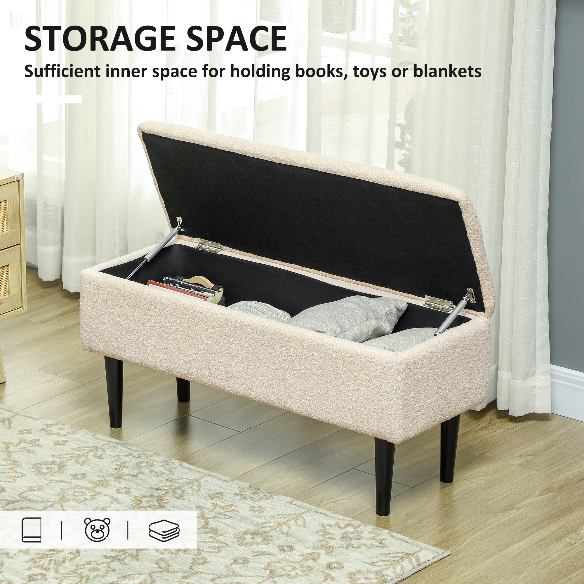 HOMCOM 57L Teddy Fleece Storage Ottoman Cream 4