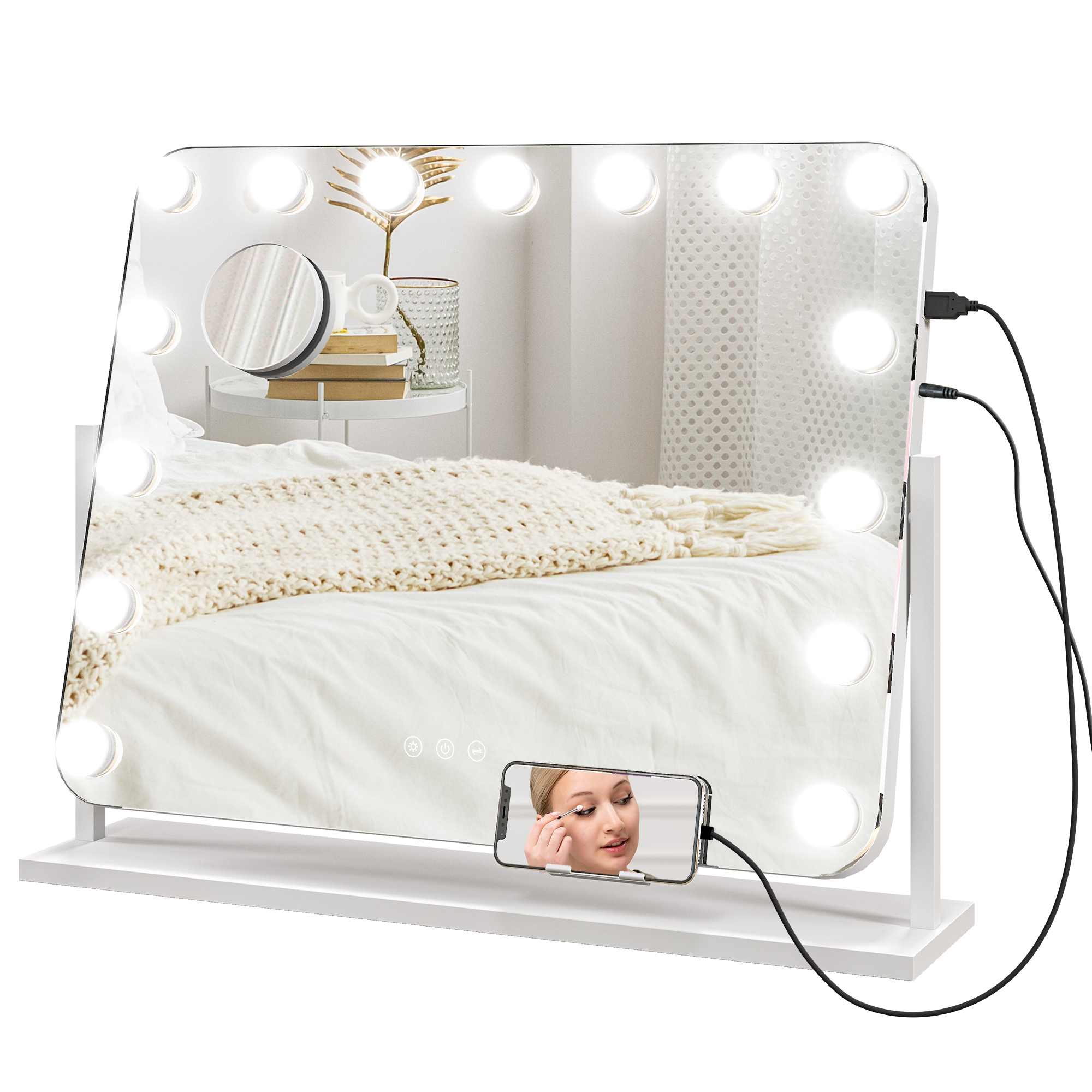 Image of HOMCOM Specchio da Trucco con 14 Luci LED Regolabili e Ricarica USB, in Vetro e Metallo, 62.5x14x49.5 cm, Bianco Aosom Italy006