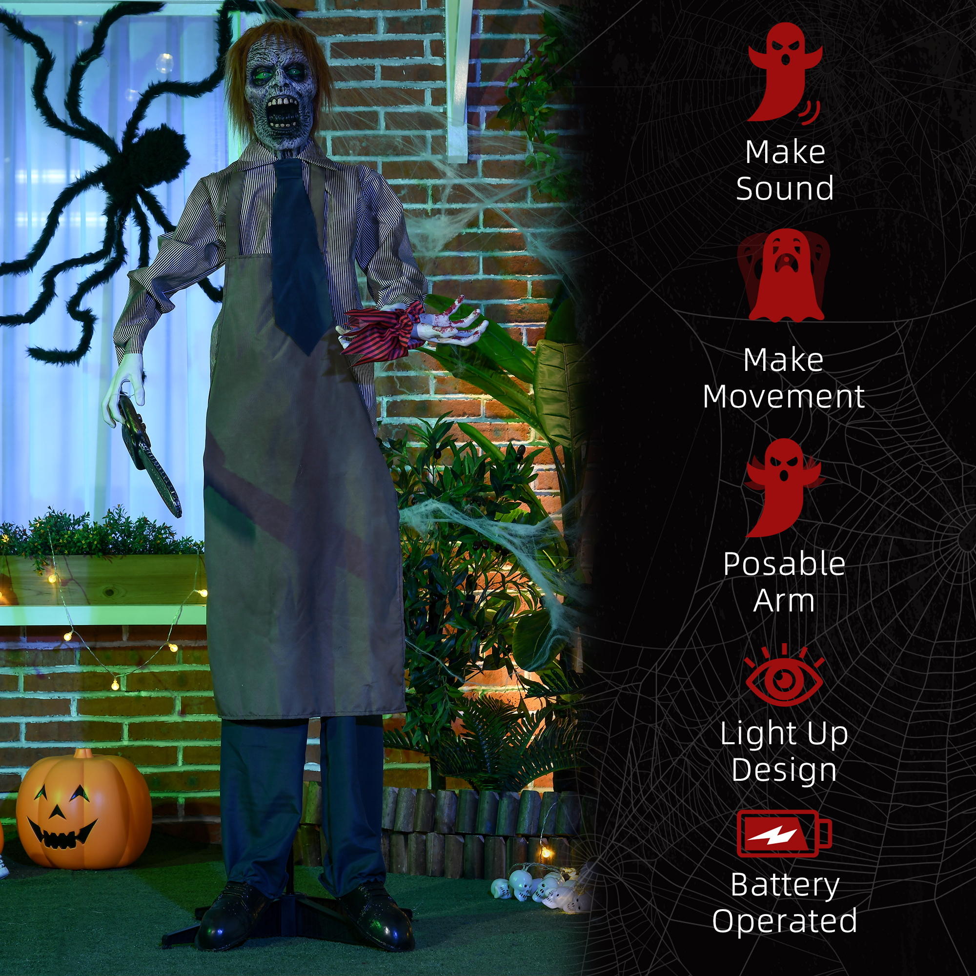 HOMCOM 5.5ft Life Size Halloween Animatronic Standing Chainsaw Killer, with Light Up Eyes, Sound Activated Moving Body, Scary Halloween Decorations, Battery Operated, Indoor Party Props 7