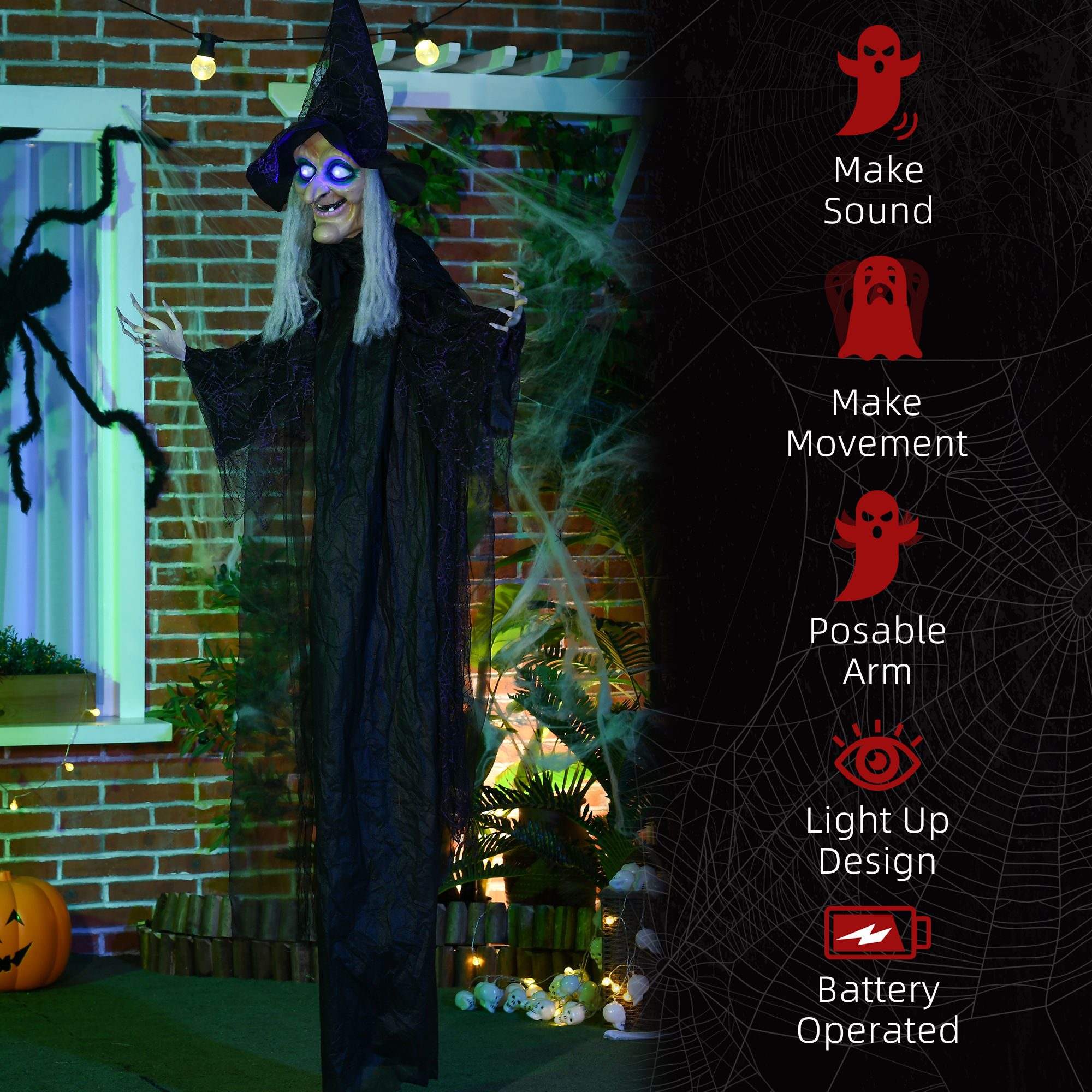HOMCOM 6ft Outdoor Halloween Decoration Witch, Hanging Witch Prop Life Size with Sound and Motion Activated, Light Up Eyes, Talking Sound, Posable Arms 7