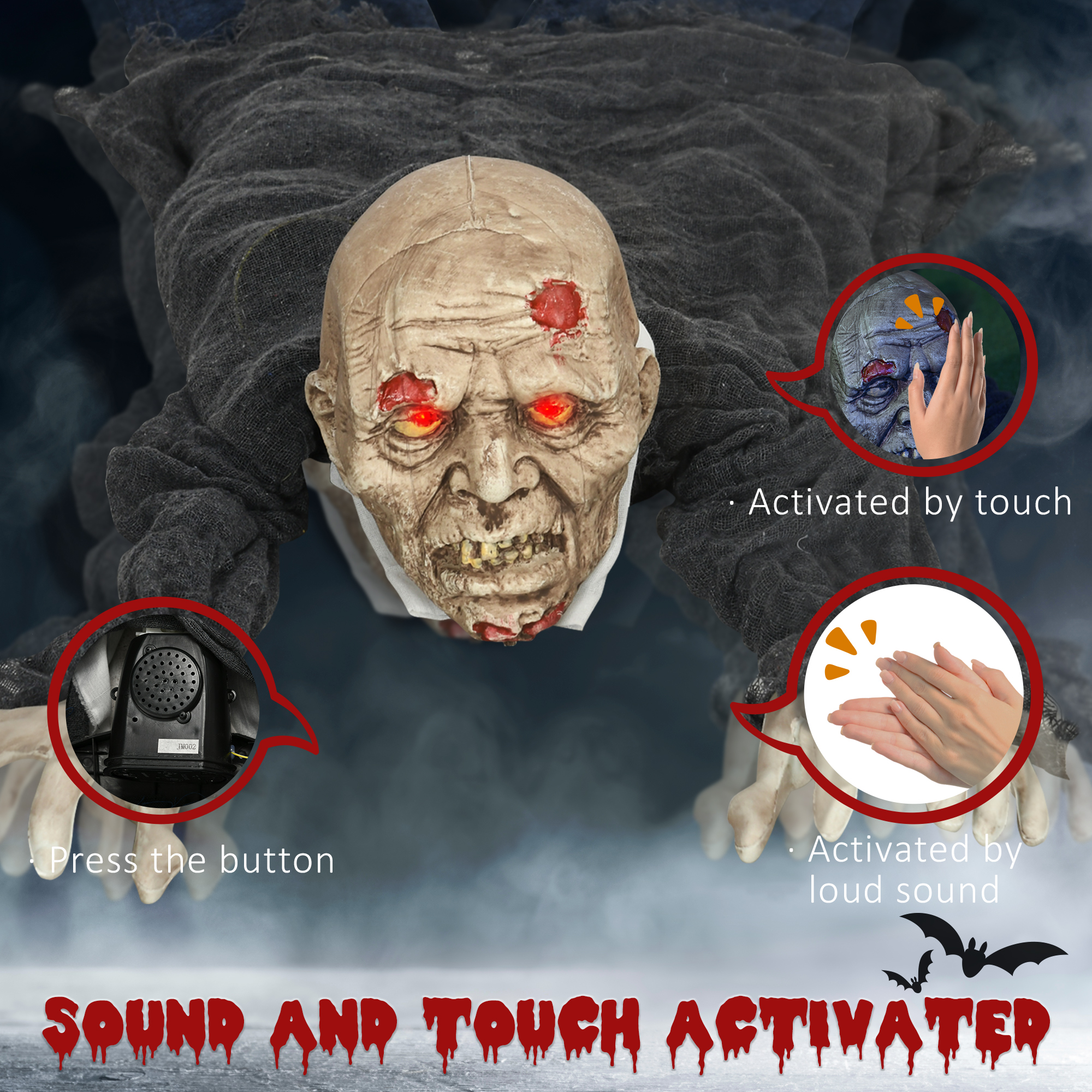 HOMCOM 5.2ft Life Size Outdoor Halloween Decoration Crawling Zombie, Animated Prop Decor with Sound and Motion Activated, Light Up Eyes, Howling Sound, Posable Arms 6
