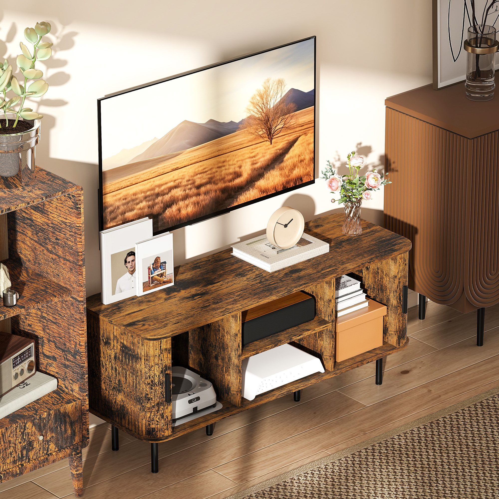 HOMCOM TV Stand Cabinet for TVs up to 55 Inches, TV Unit with Storage Shelves and Cupboard for Living Room, Rustic Brown 8