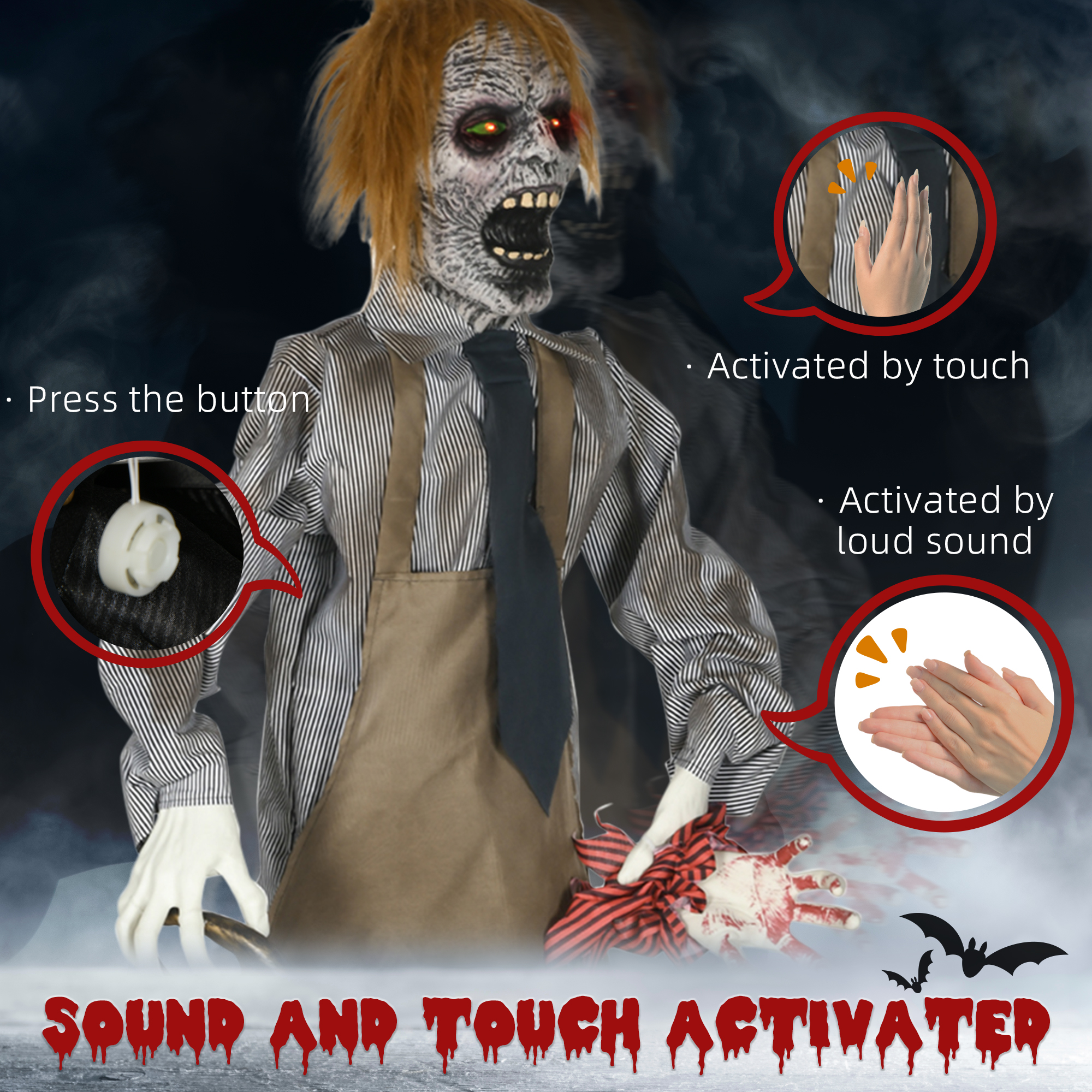 HOMCOM 5.5ft Life Size Halloween Animatronic Standing Chainsaw Killer, with Light Up Eyes, Sound Activated Moving Body, Scary Halloween Decorations, Battery Operated, Indoor Party Props 6