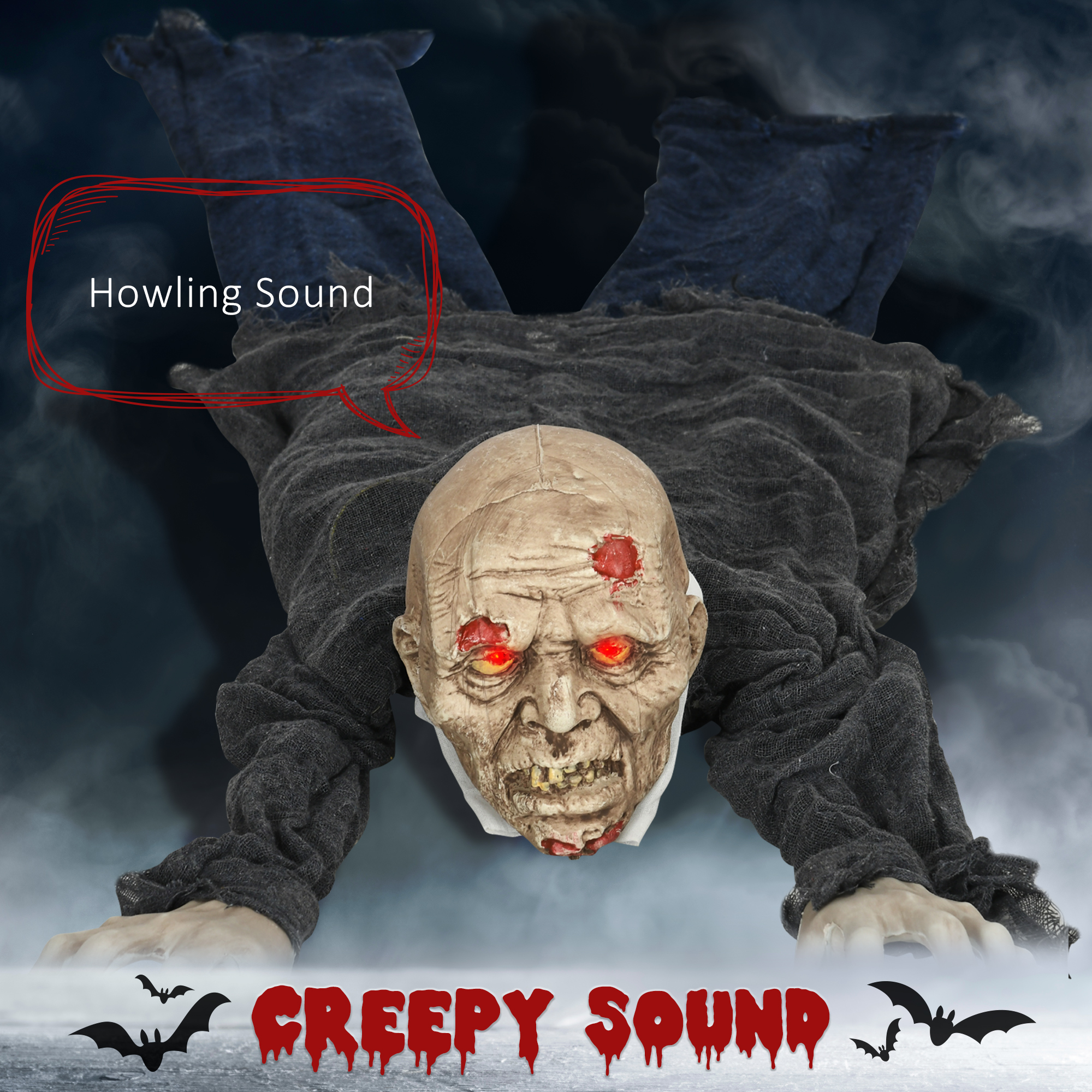 HOMCOM 5.2ft Life Size Outdoor Halloween Decoration Crawling Zombie, Animated Prop Decor with Sound and Motion Activated, Light Up Eyes, Howling Sound, Posable Arms 4