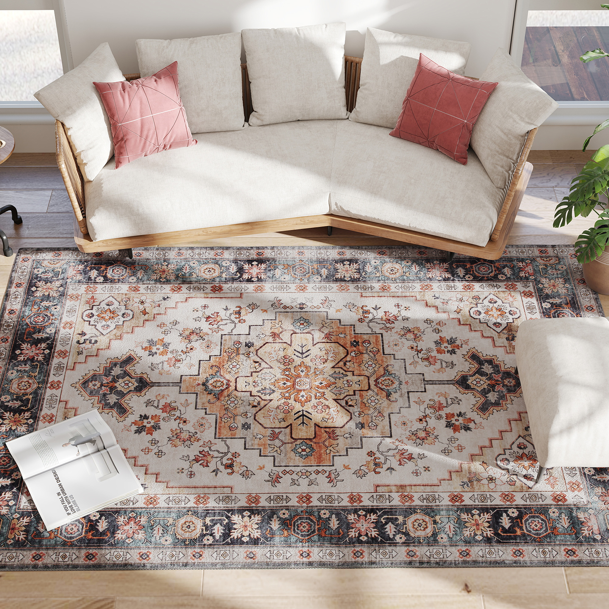 HOMCOM Tapis Bohémien Antidérapant et Lavable à Poils Courts pour Salon et Chambre, 230x160 cm, Marron