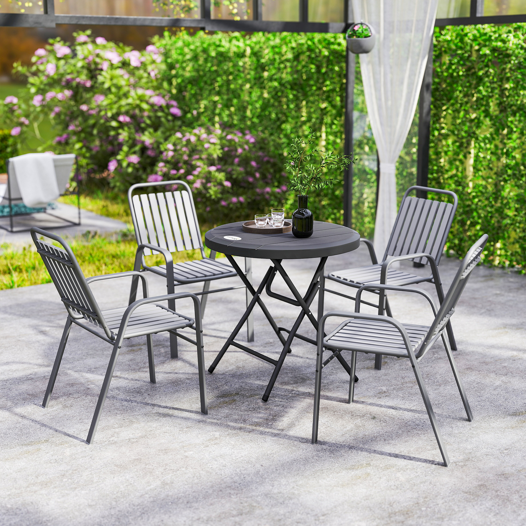 Table Jardin Ronde Outsunny Ø80cm - Plateau HDPE, Cadre Acier - Pliable Pour 4 Personnes - Gris