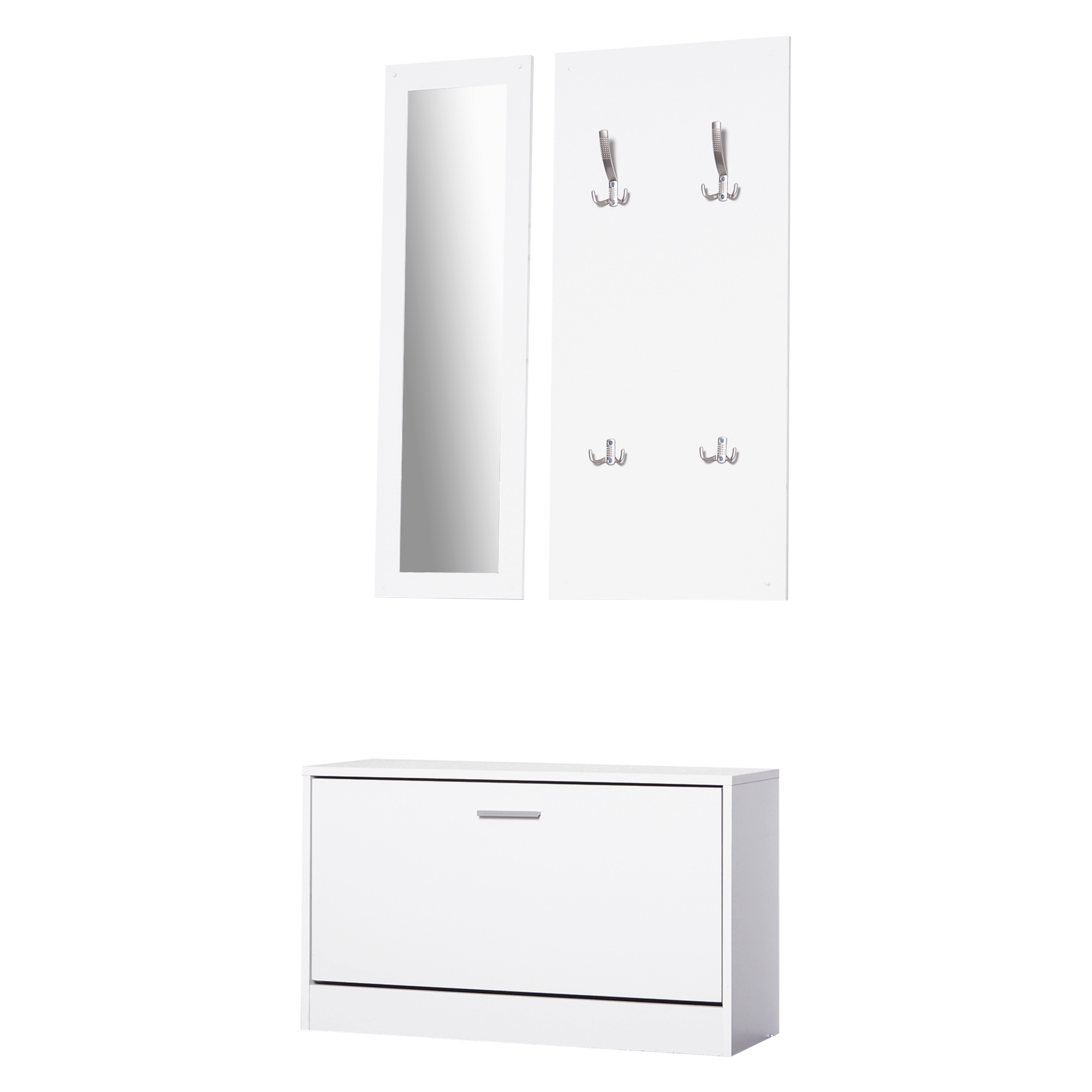 HOMCOM Set 3 en 1 de Muebles para Entrada con Zapatero Espejo y Perchero 4 Ganchos Blanco Ideal para Recibidor Pasillo 80x27x46,5 cm | Aosom España