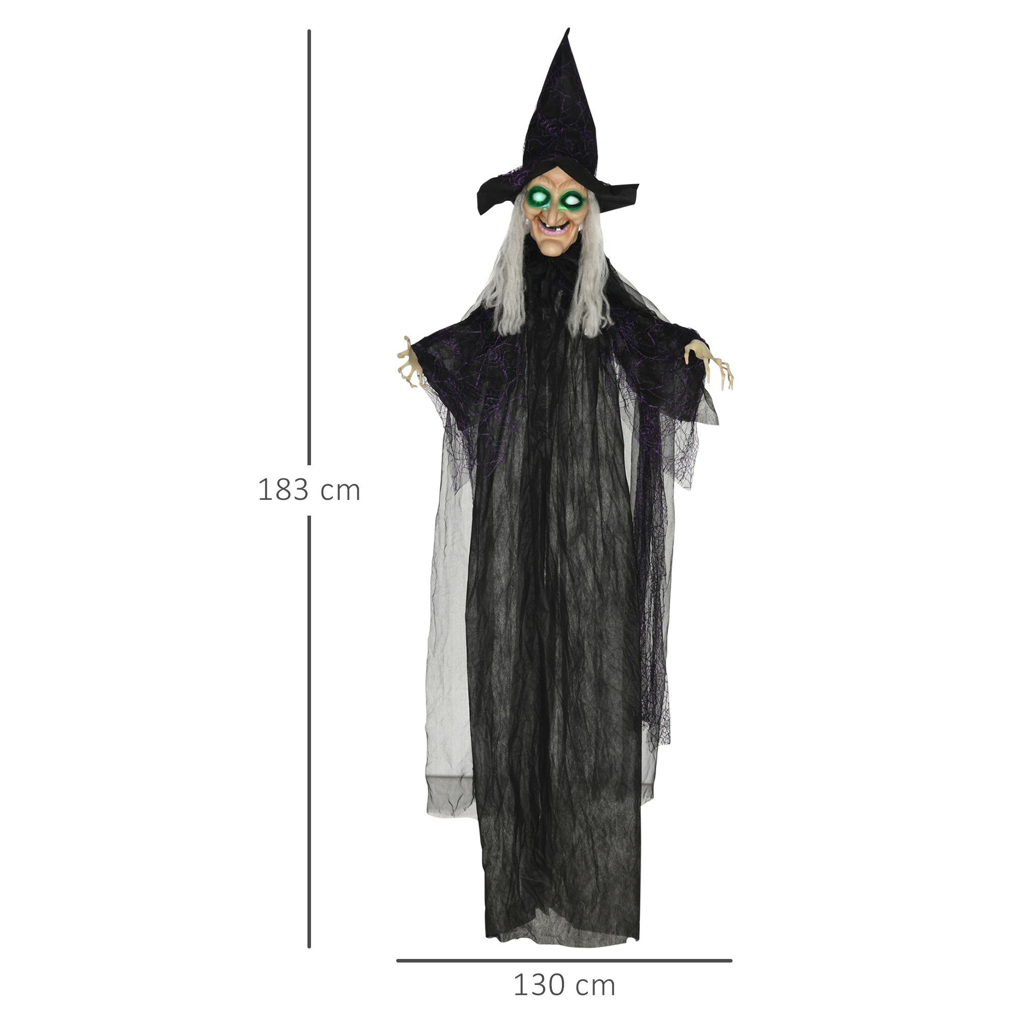 HOMCOM 6ft Outdoor Halloween Decoration Witch, Hanging Witch Prop Life Size with Sound and Motion Activated, Light Up Eyes, Talking Sound, Posable Arms 3