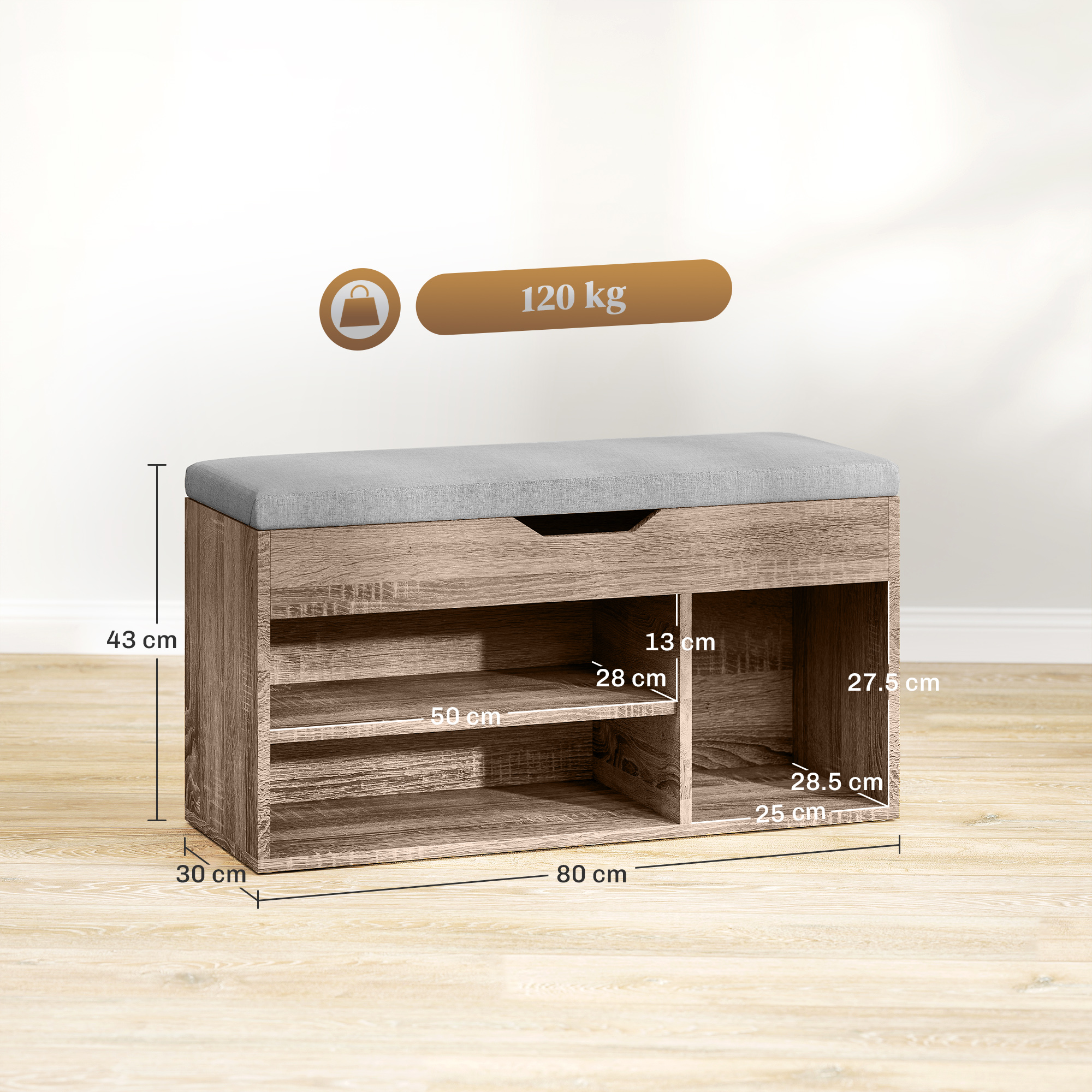 HOMCOM Shoes Cabinet Bench Hidden Storage Padded Seat Organiser Footwear Rack Hallway Grey Wood Grain 3