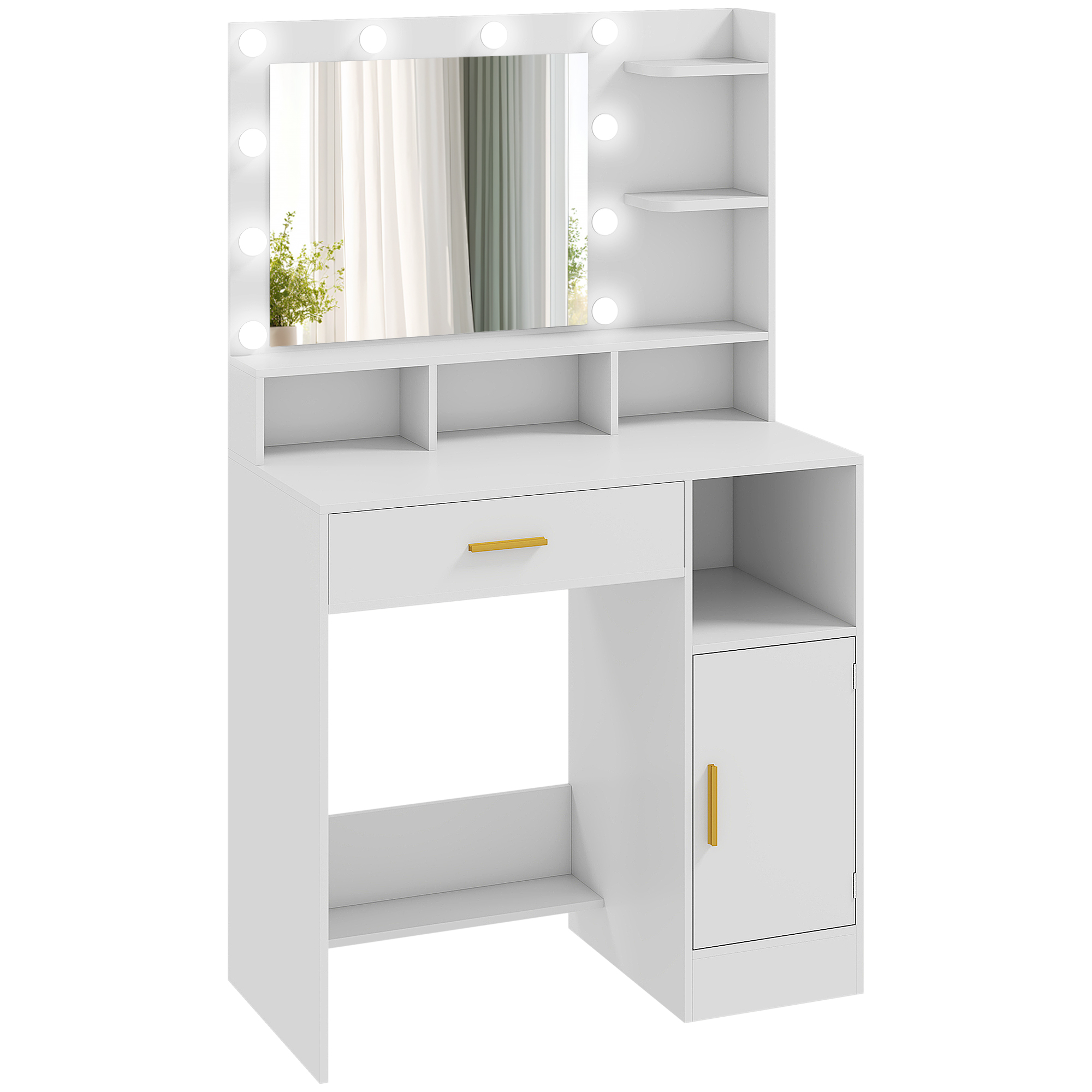 HOMCOM Mesa de Maquillaje con Espejo y 10 Luces LED, Luminosidad Ajustable, Cajón, Armario y Estantes Abiertos, 80x40x135cm, Blanco