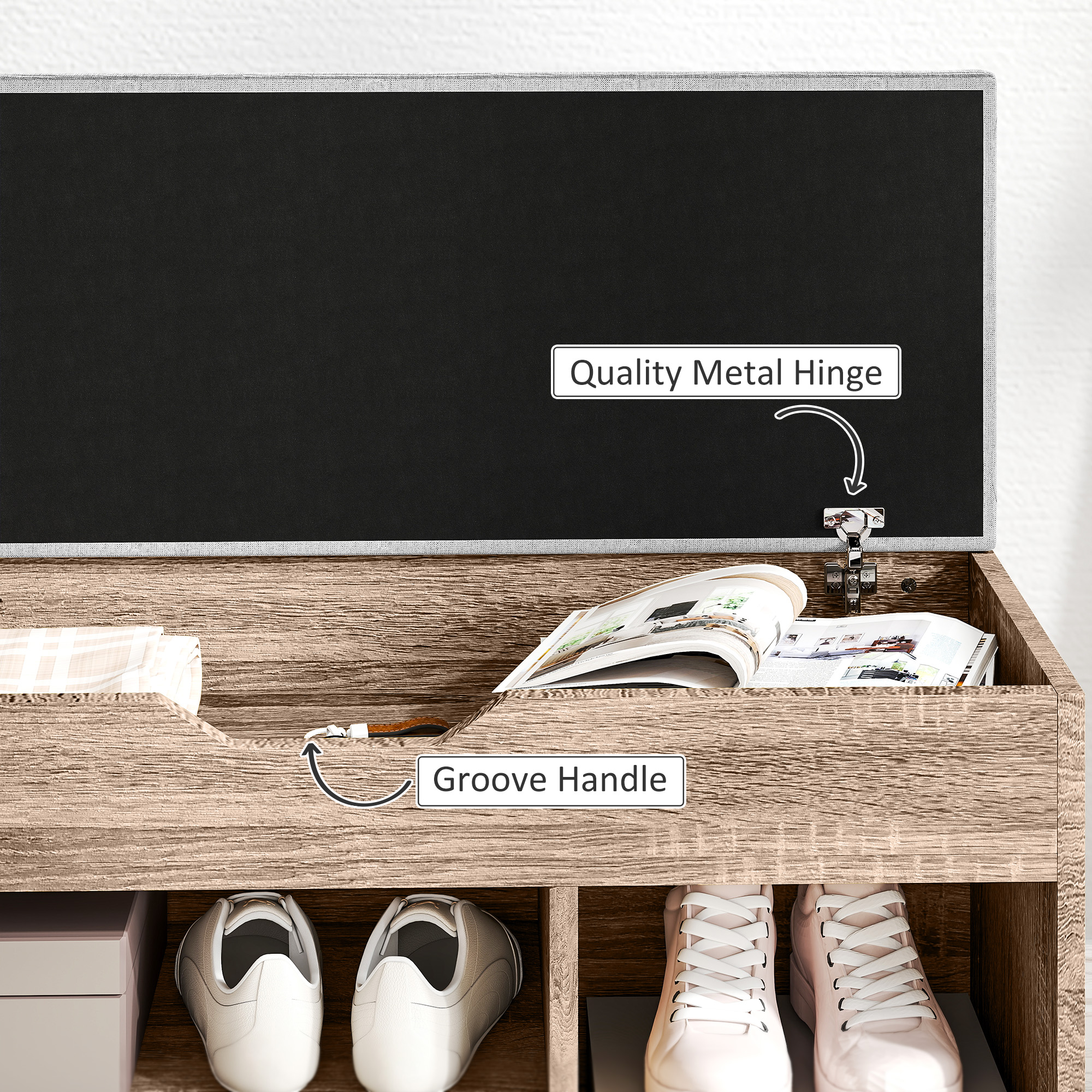 HOMCOM Shoes Cabinet Bench Hidden Storage Padded Seat Organiser Footwear Rack Hallway Grey Wood Grain 6